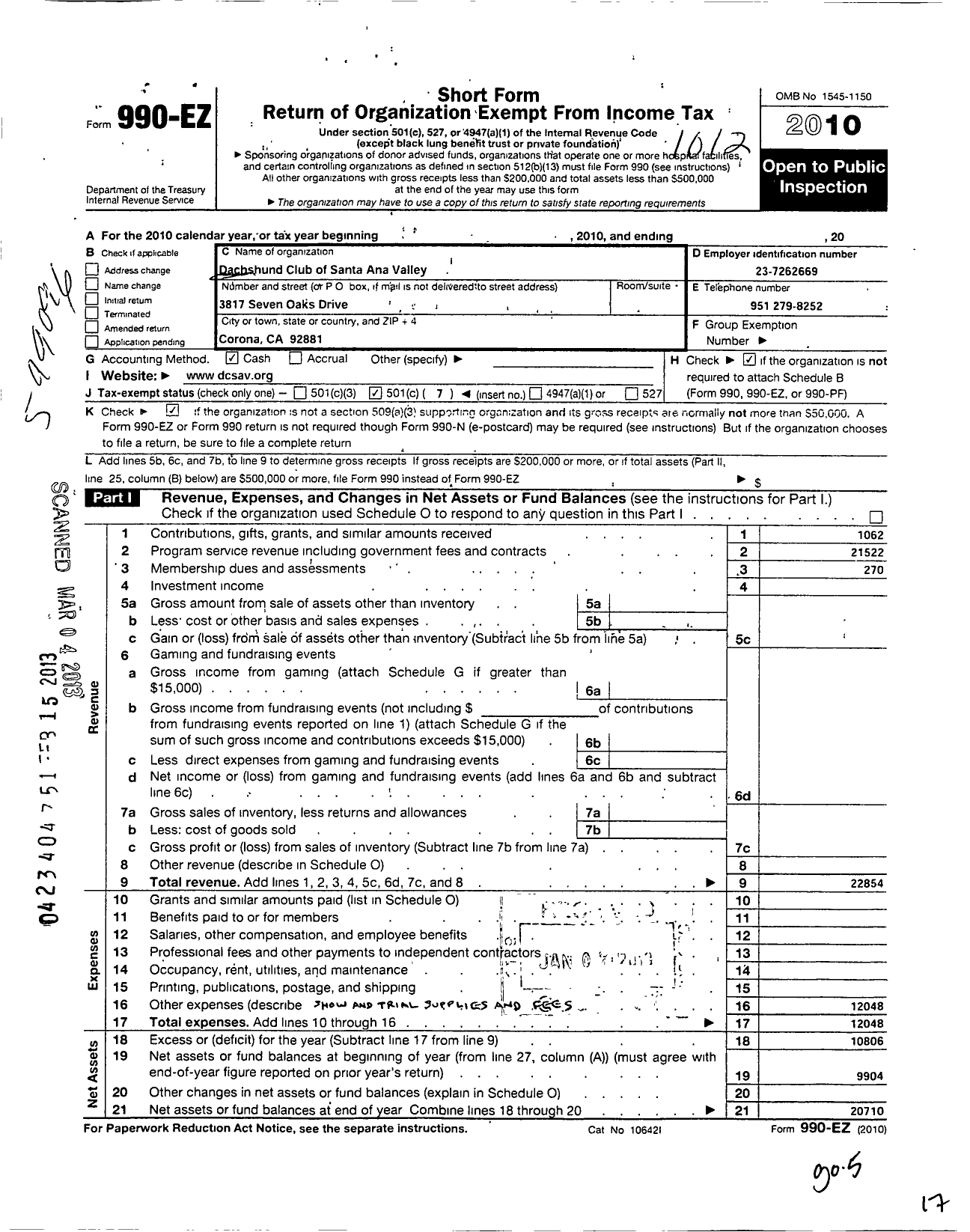 Image of first page of 2010 Form 990EO for Dachshund Club of Santa Ana Valley