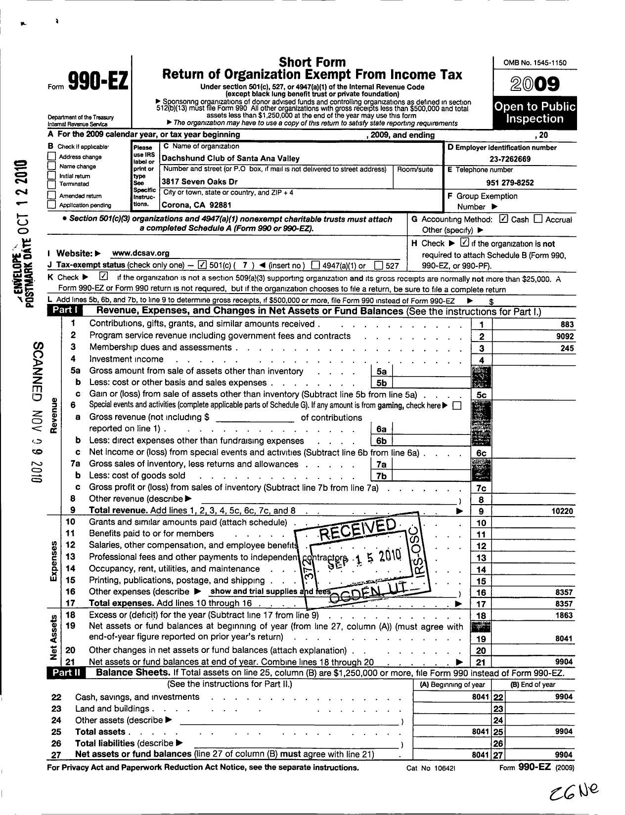 Image of first page of 2009 Form 990EO for Dachshund Club of Santa Ana Valley