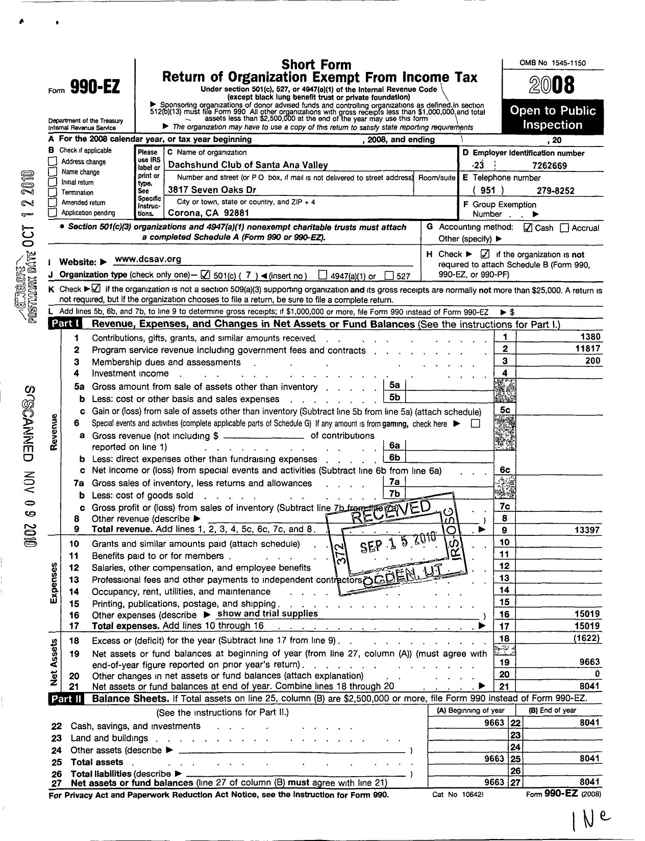 Image of first page of 2008 Form 990EO for Dachshund Club of Santa Ana Valley