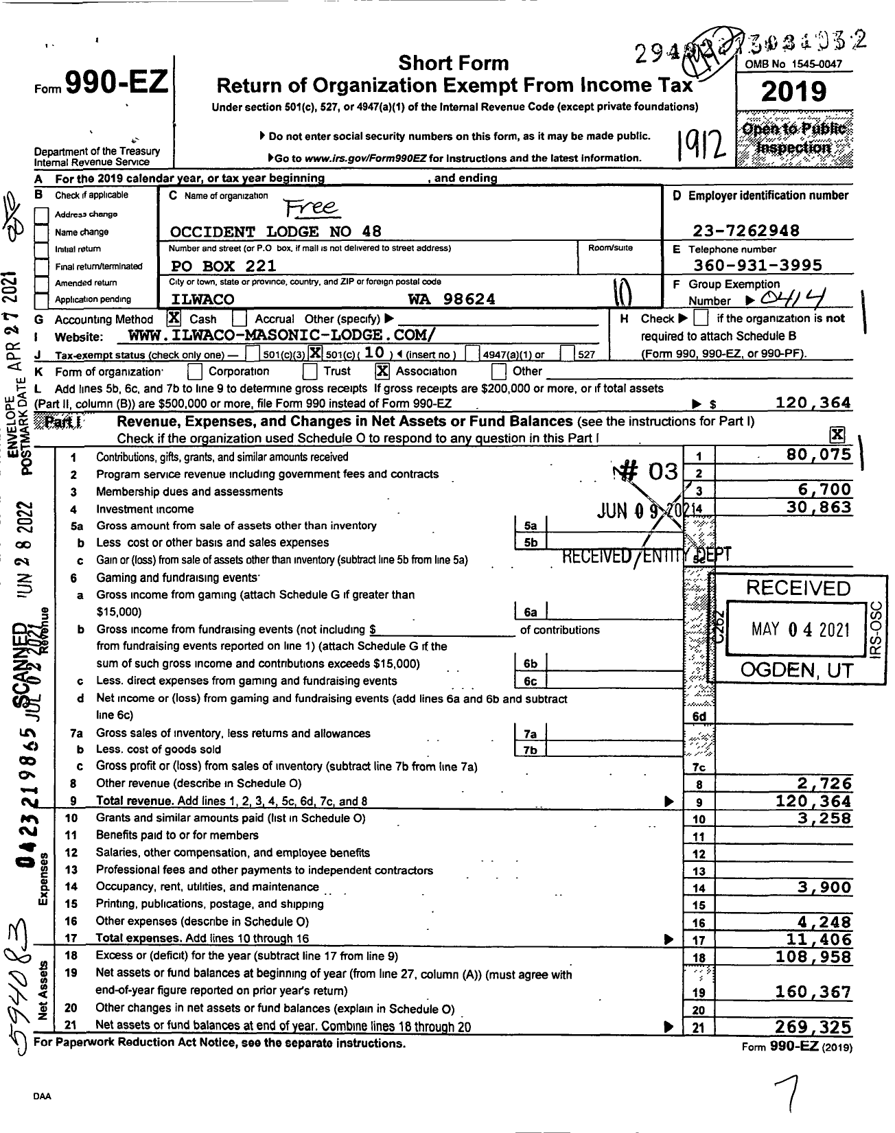 Image of first page of 2019 Form 990EO for Free and Accepted Masons of Washington - 48 Occident