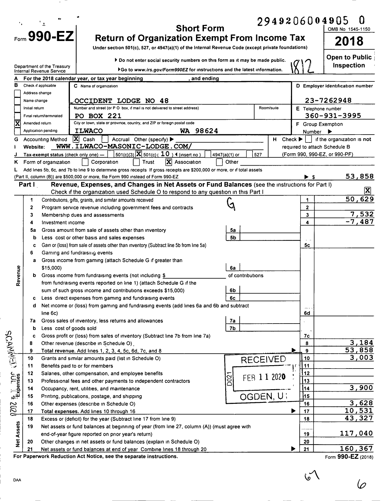 Image of first page of 2018 Form 990EO for Free and Accepted Masons of Washington - 48 Occident