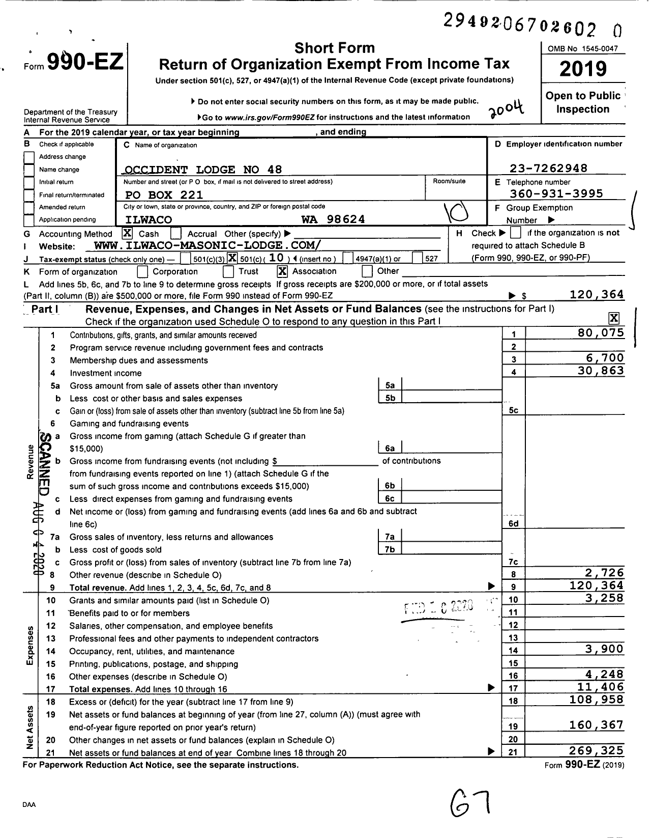 Image of first page of 2019 Form 990EO for Free and Accepted Masons of Washington - 48 Occident