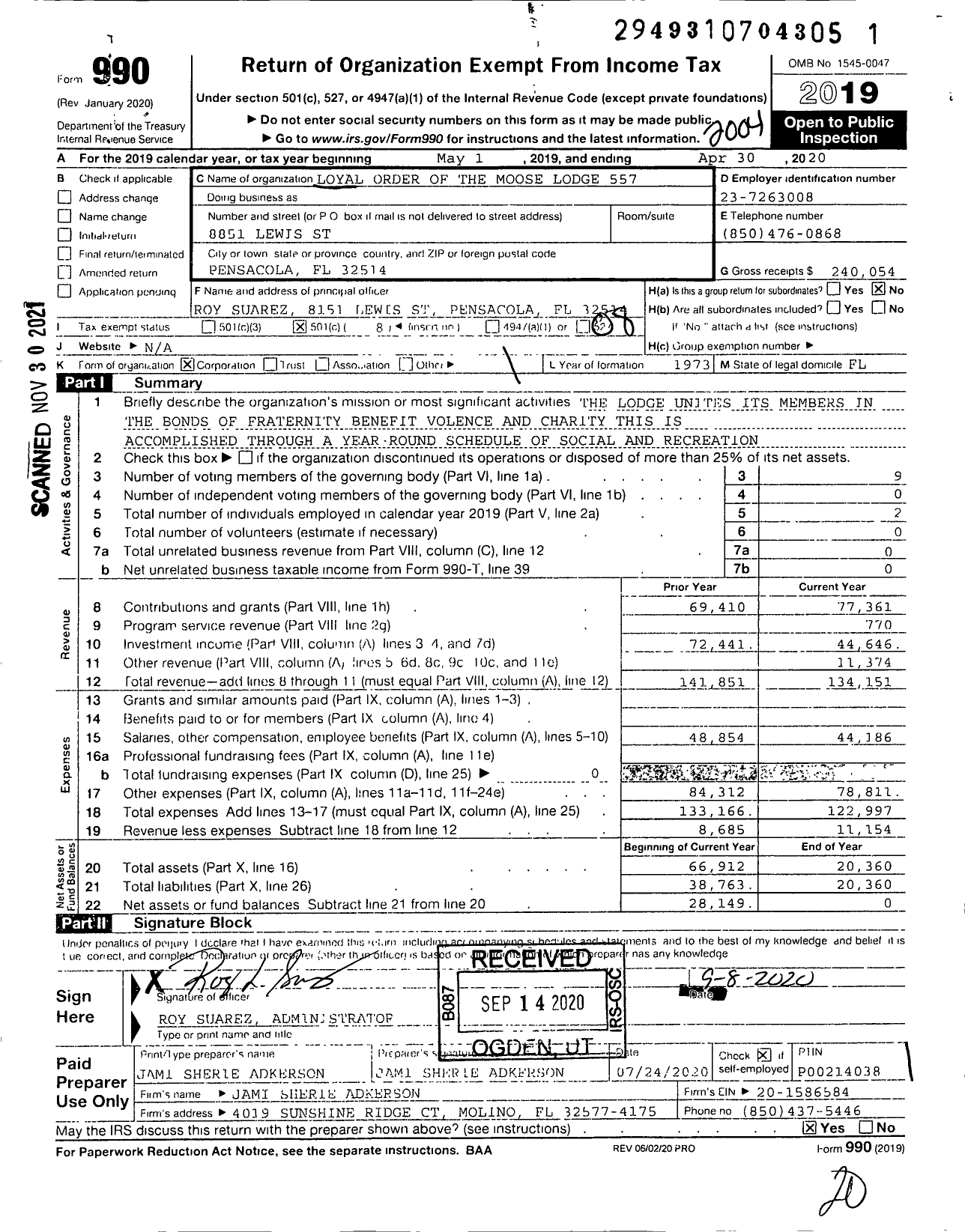 Image of first page of 2019 Form 990O for Loyal Order of Moose - 557