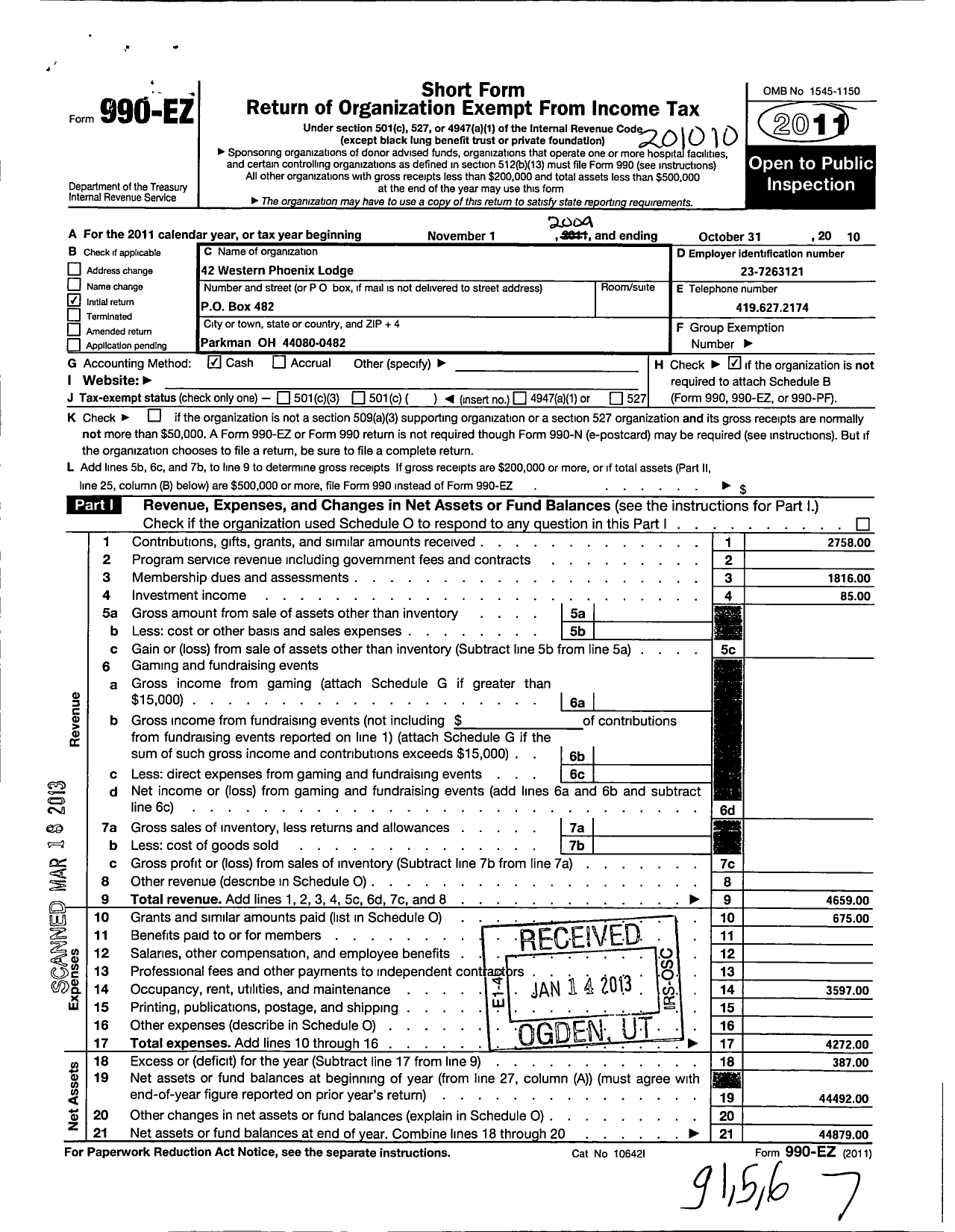 Image of first page of 2009 Form 990EO for Free & Accepted Masons of Ohio - 42 Western Phoenix Lodge