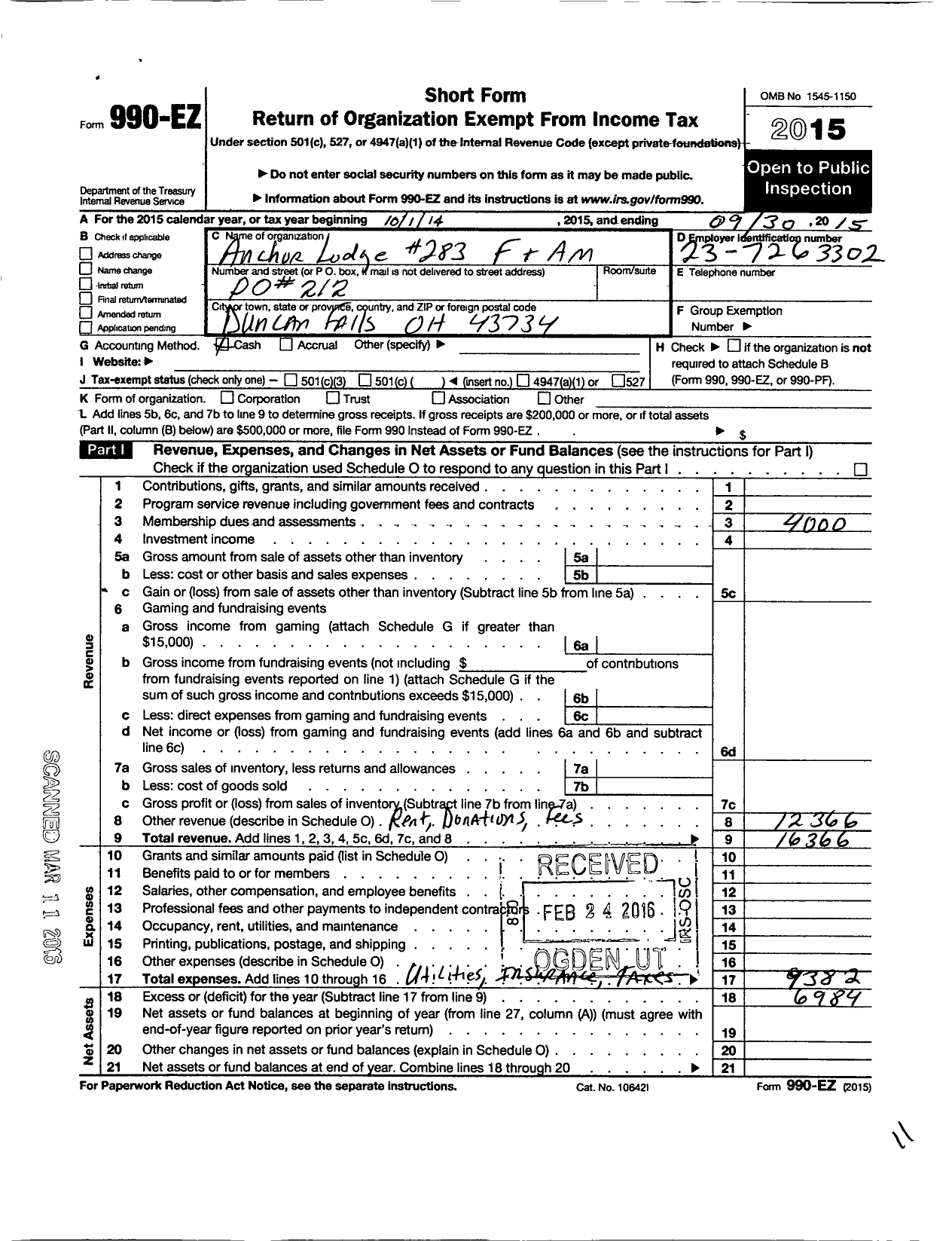 Image of first page of 2014 Form 990EO for Free & Accepted Masons of Ohio - 283 Anchor Lodge