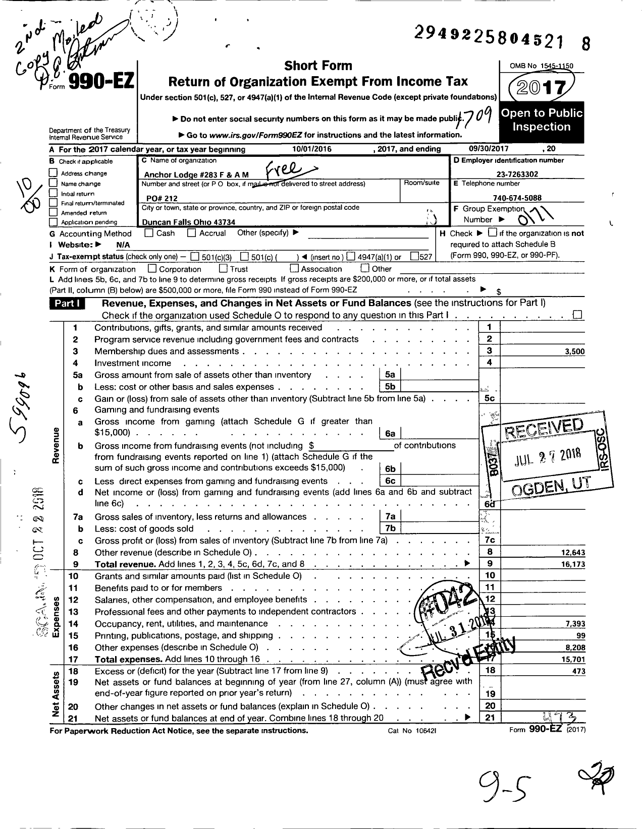 Image of first page of 2016 Form 990EO for Free & Accepted Masons of Ohio - 283 Anchor Lodge