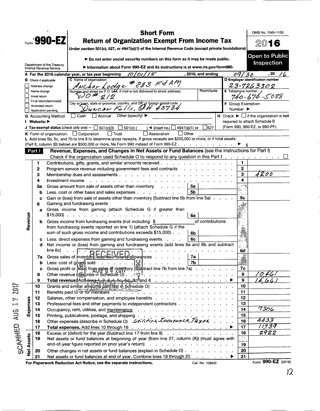 Image of first page of 2015 Form 990EO for Free & Accepted Masons of Ohio - 283 Anchor Lodge