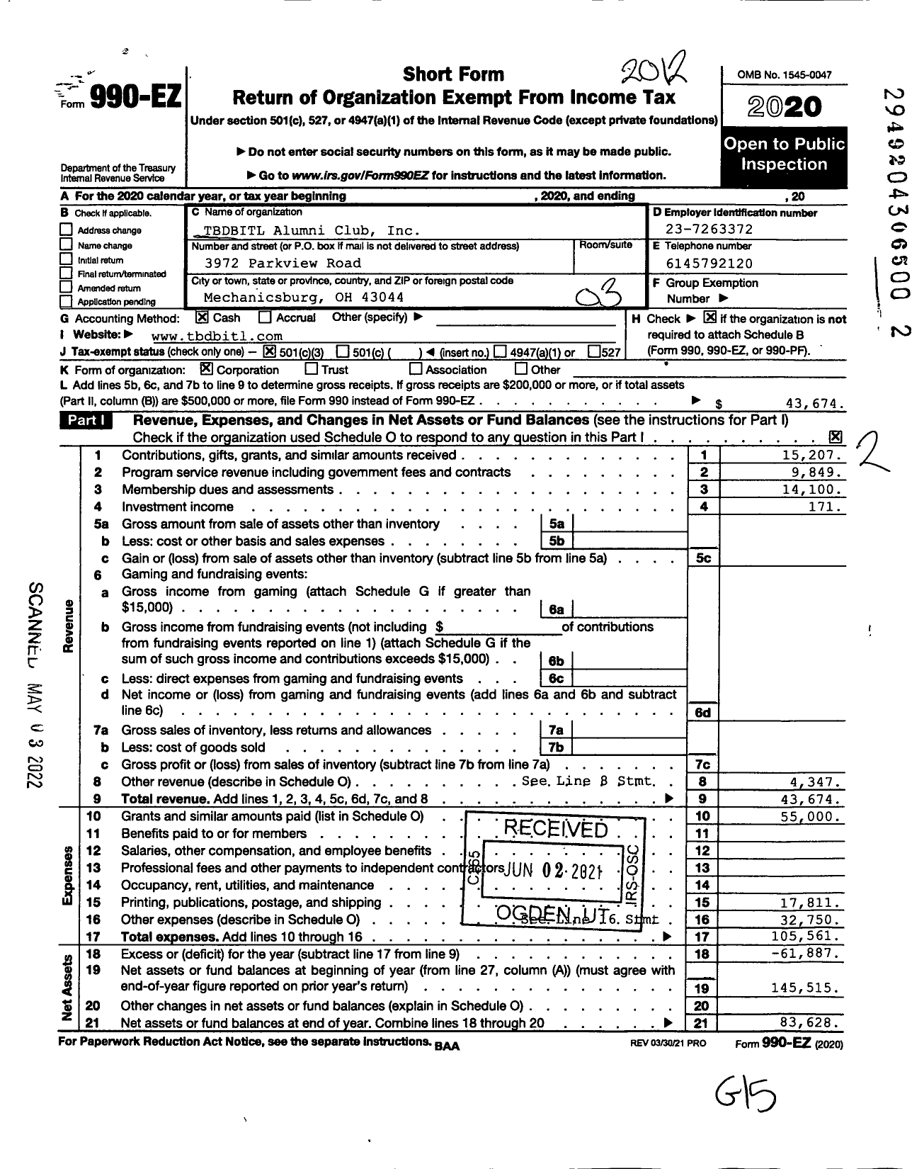 Image of first page of 2020 Form 990EZ for TBDBITL Alumni Club