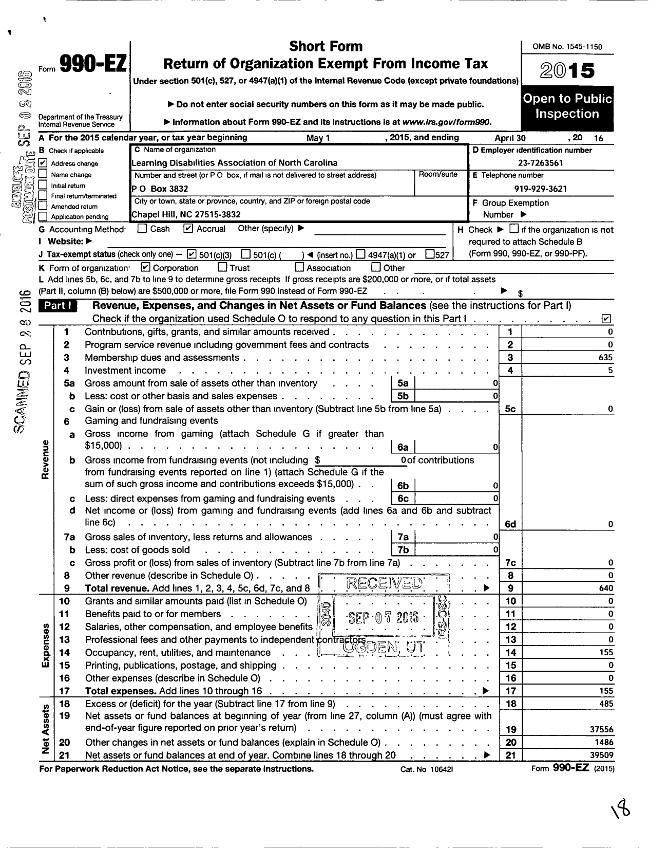 Image of first page of 2015 Form 990EZ for Learning Disabilities Association of North Carolina