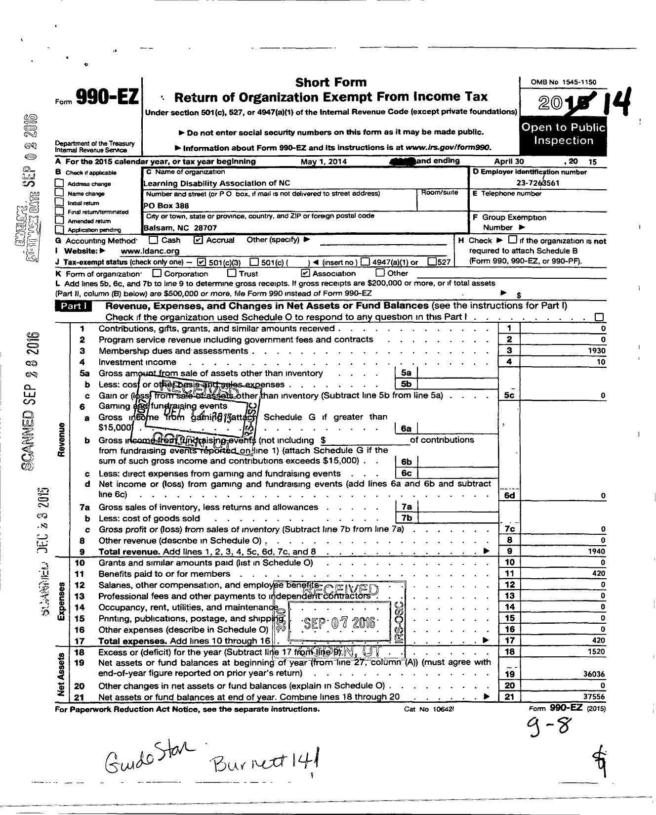 Image of first page of 2014 Form 990EZ for Learning Disabilities Association of North Carolina