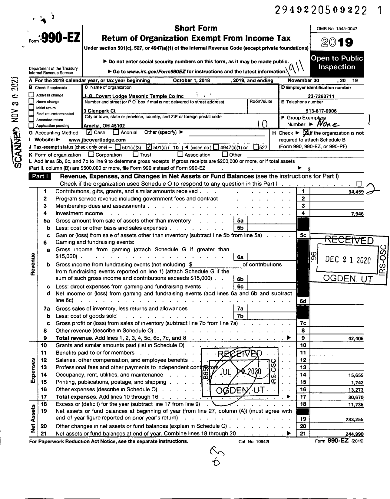 Image of first page of 2018 Form 990EO for Free & Accepted Masons of Ohio - 437 J B Covert Lodge