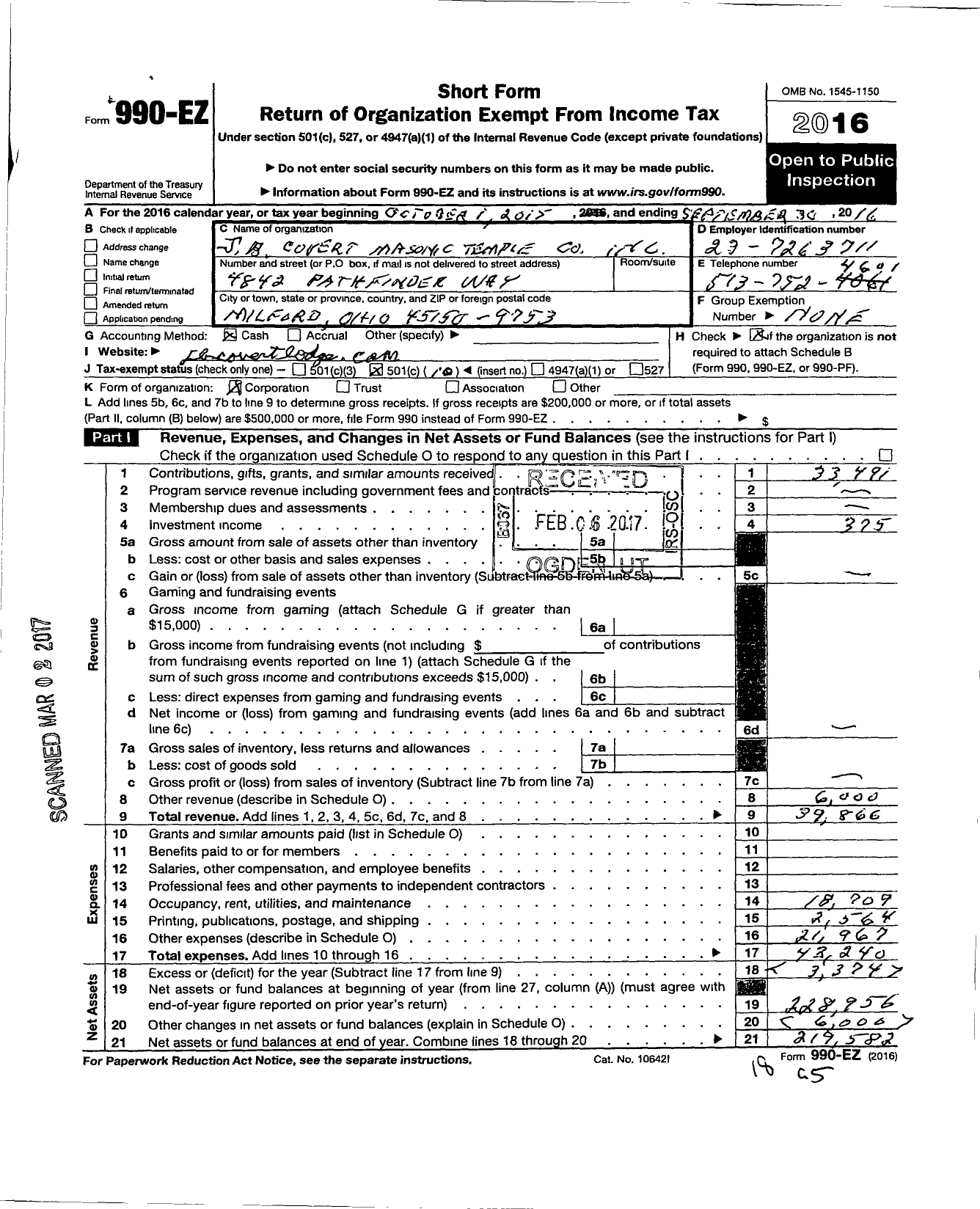 Image of first page of 2015 Form 990EO for Free & Accepted Masons of Ohio - 437 J B Covert Lodge