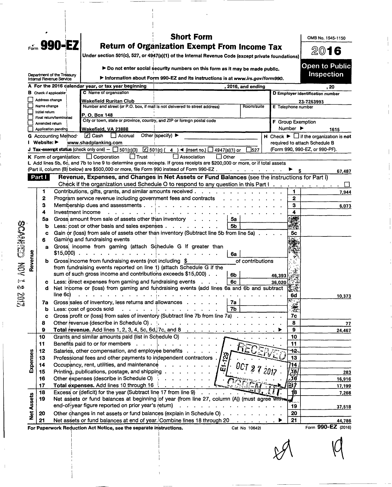 Image of first page of 2016 Form 990EO for Ruritan - Wakefield