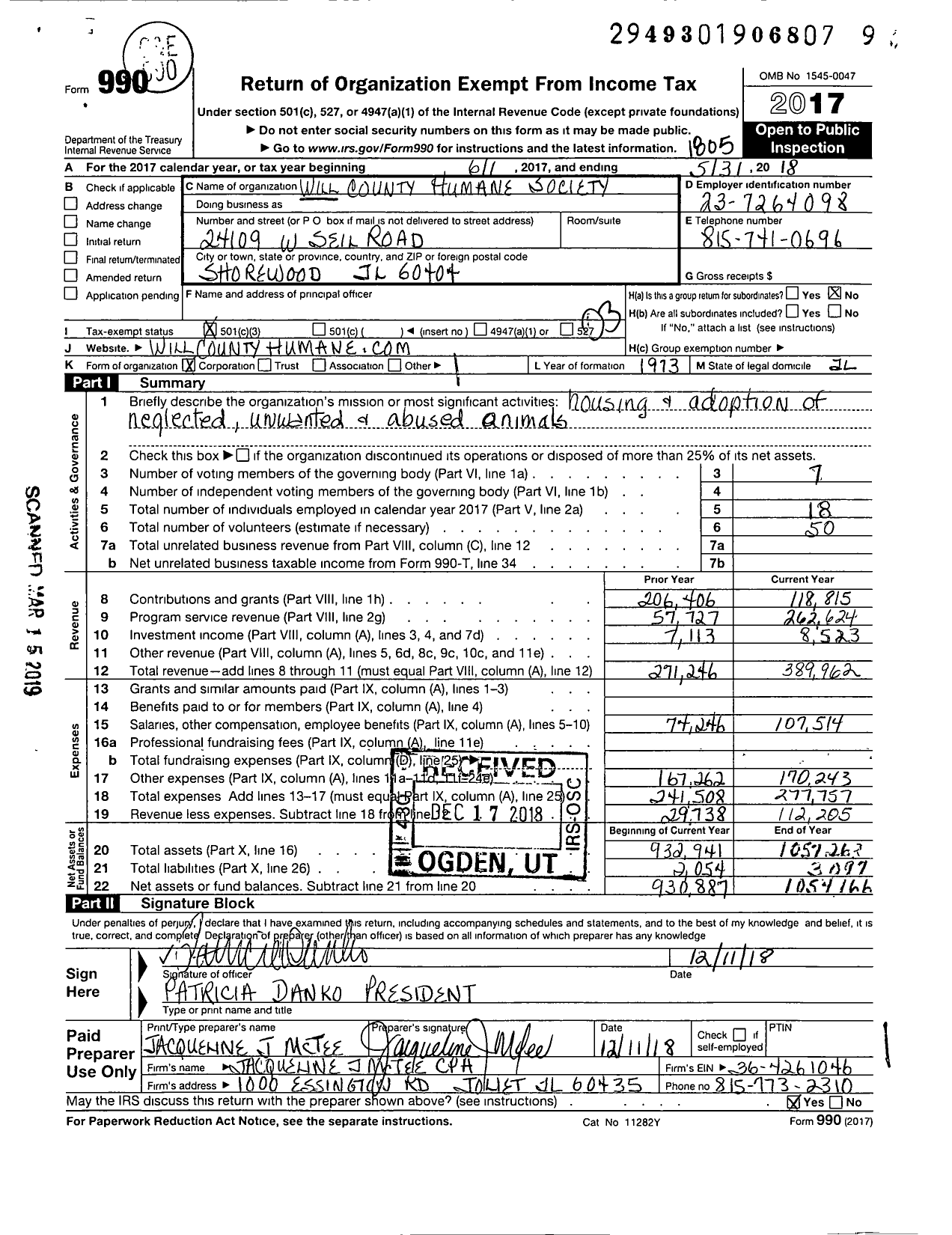 Image of first page of 2017 Form 990 for Will County Humane Society