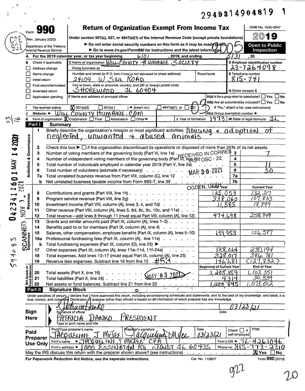 Image of first page of 2019 Form 990 for Will County Humane Society