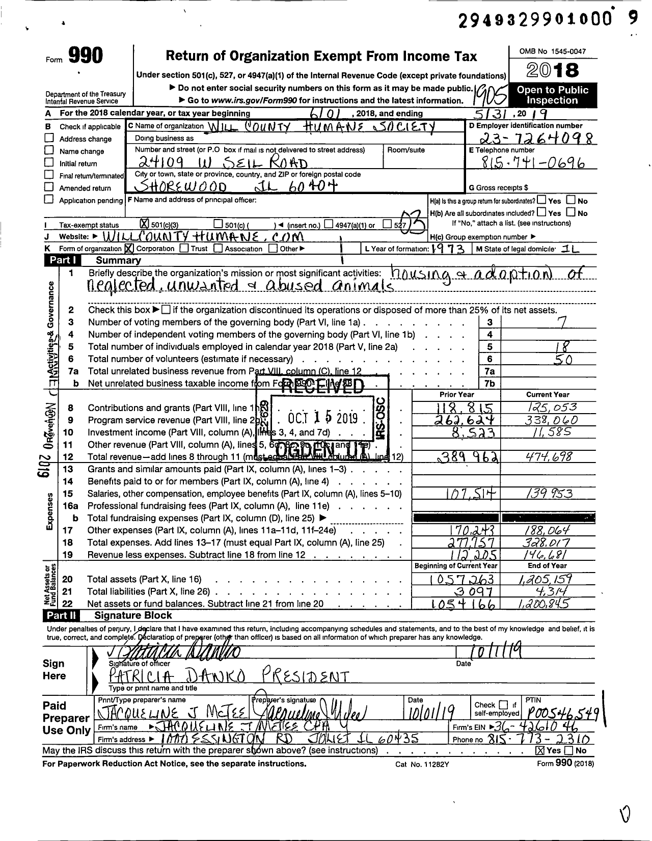 Image of first page of 2018 Form 990 for Will County Humane Society