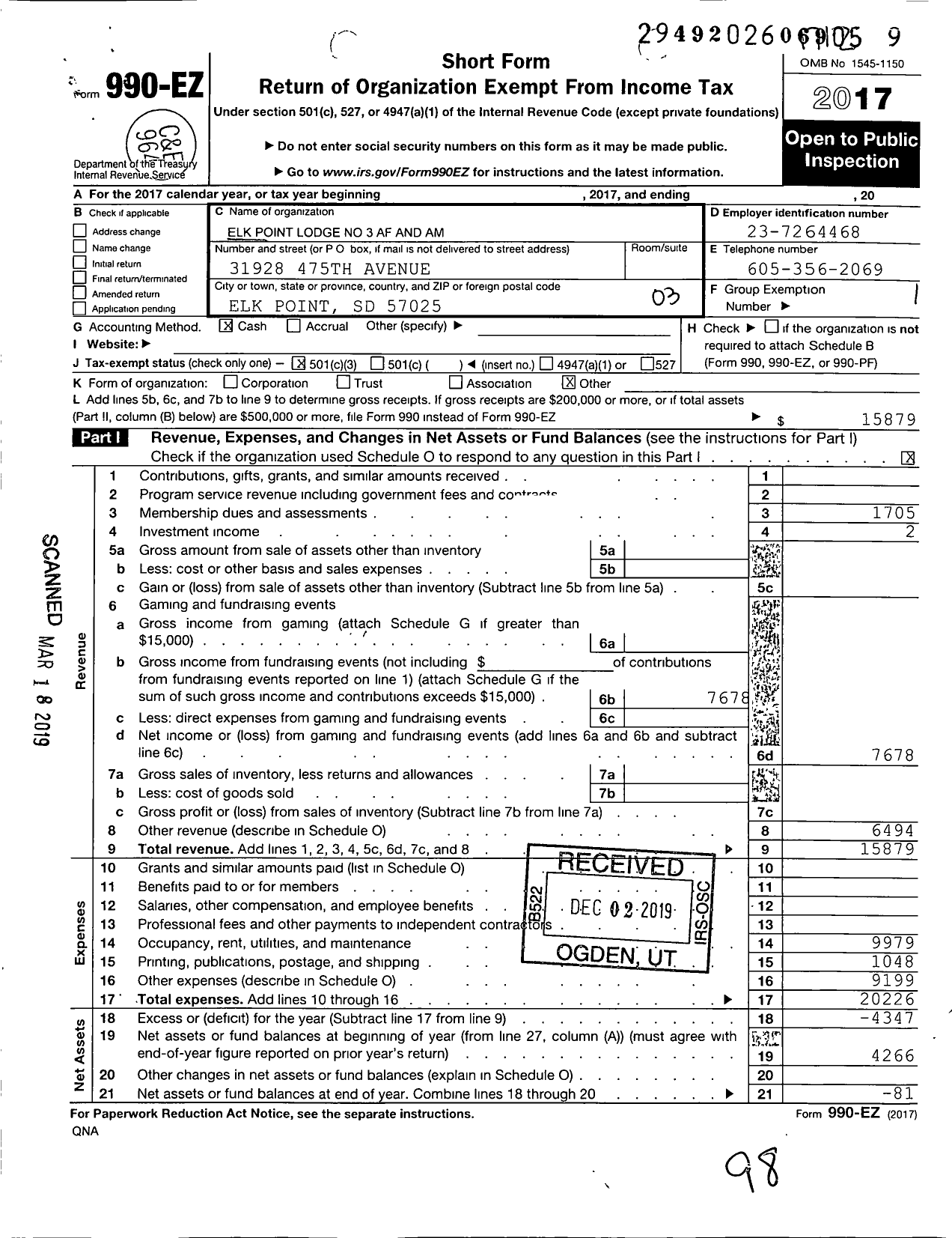 Image of first page of 2017 Form 990EZ for Elk Point Lodge No 3 Af and Am