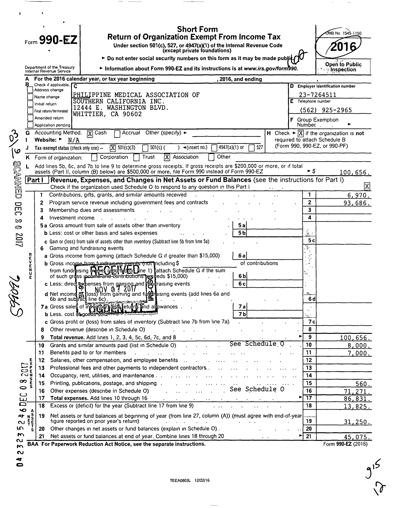 Image of first page of 2016 Form 990EZ for Philippine Medical Association of Southern California