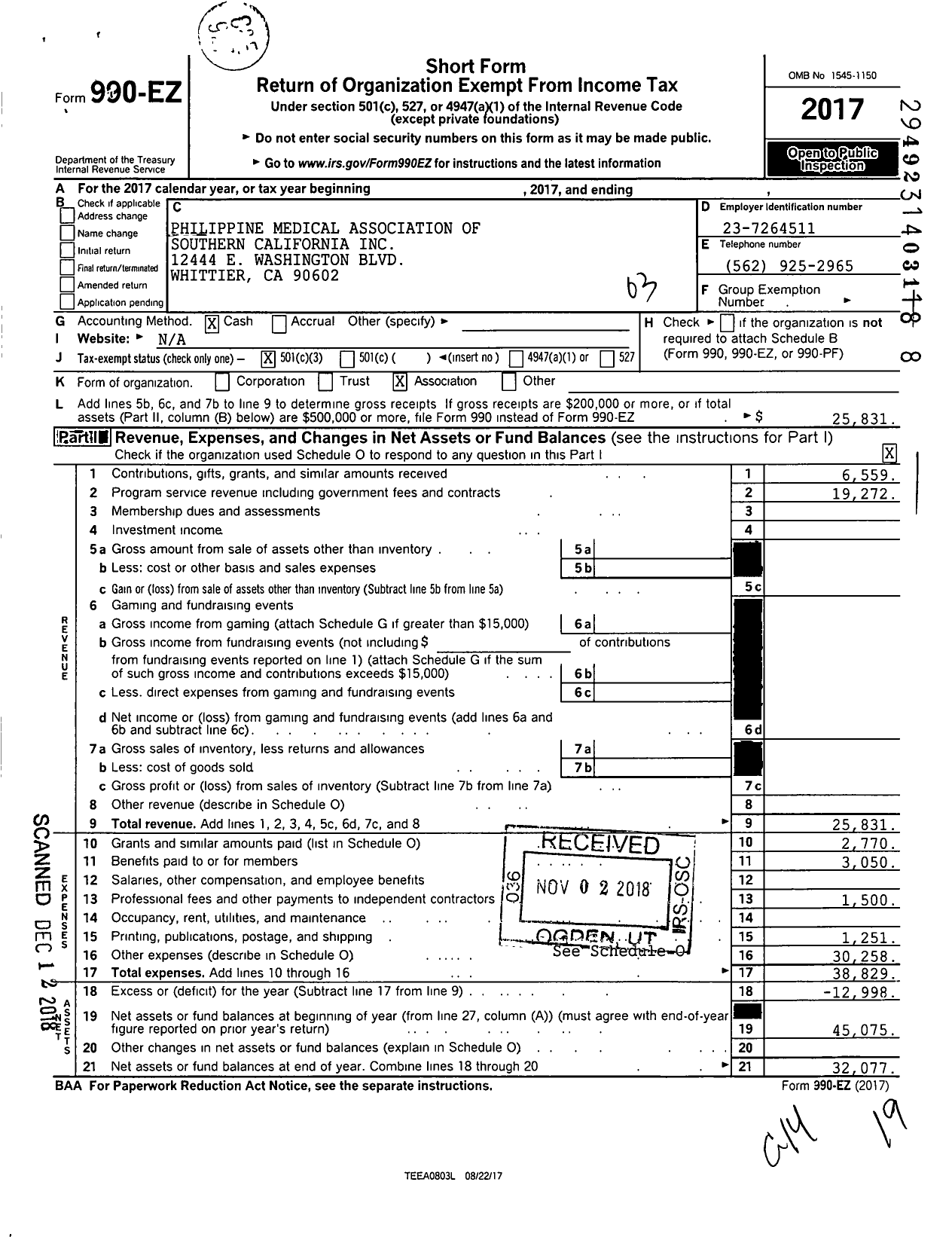 Image of first page of 2017 Form 990EZ for Philippine Medical Association of Southern California