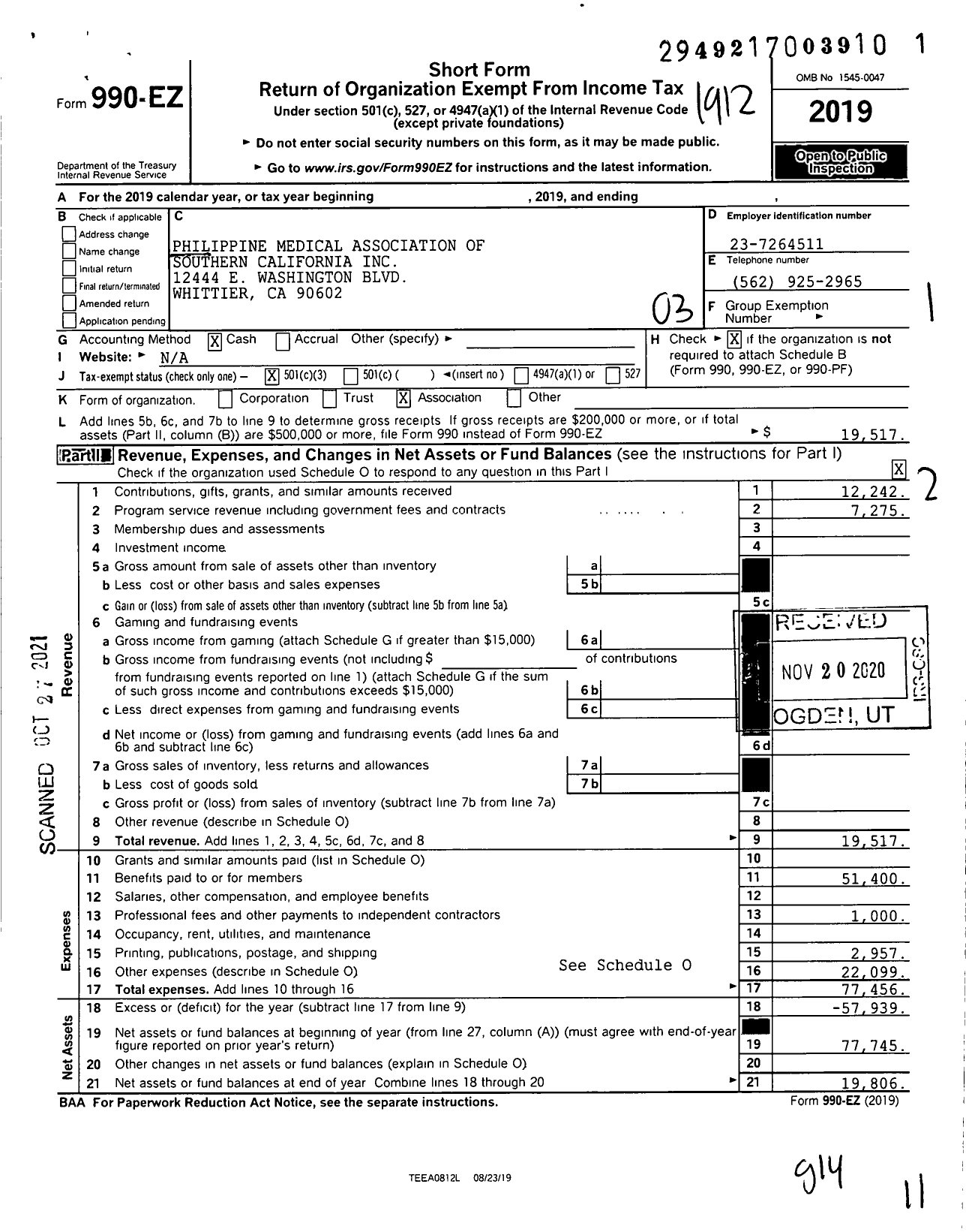 Image of first page of 2019 Form 990EZ for Philippine Medical Association of Southern California