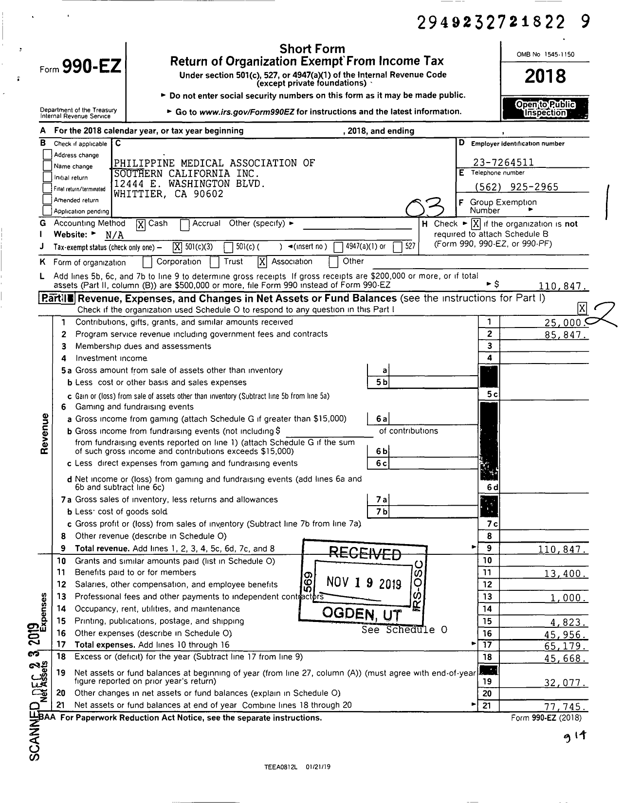 Image of first page of 2018 Form 990EZ for Philippine Medical Association of Southern California