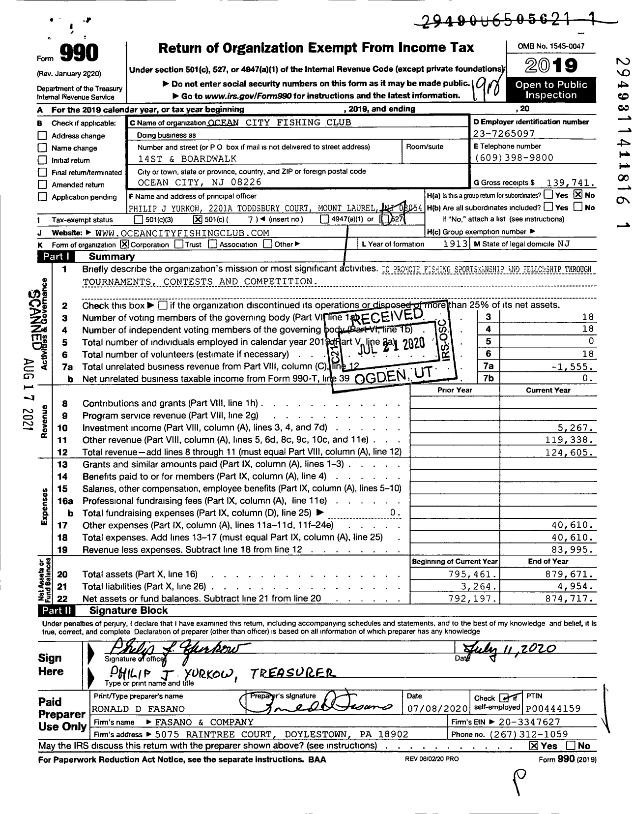 Image of first page of 2019 Form 990O for Ocean City Fishing Club