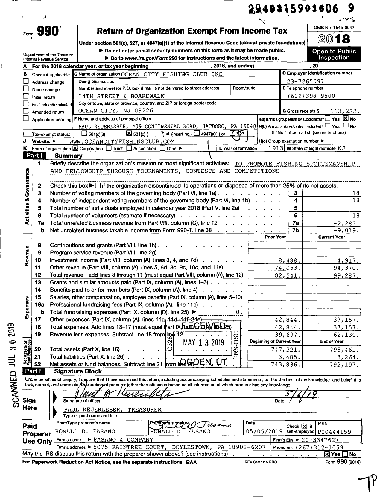 Image of first page of 2018 Form 990O for Ocean City Fishing Club