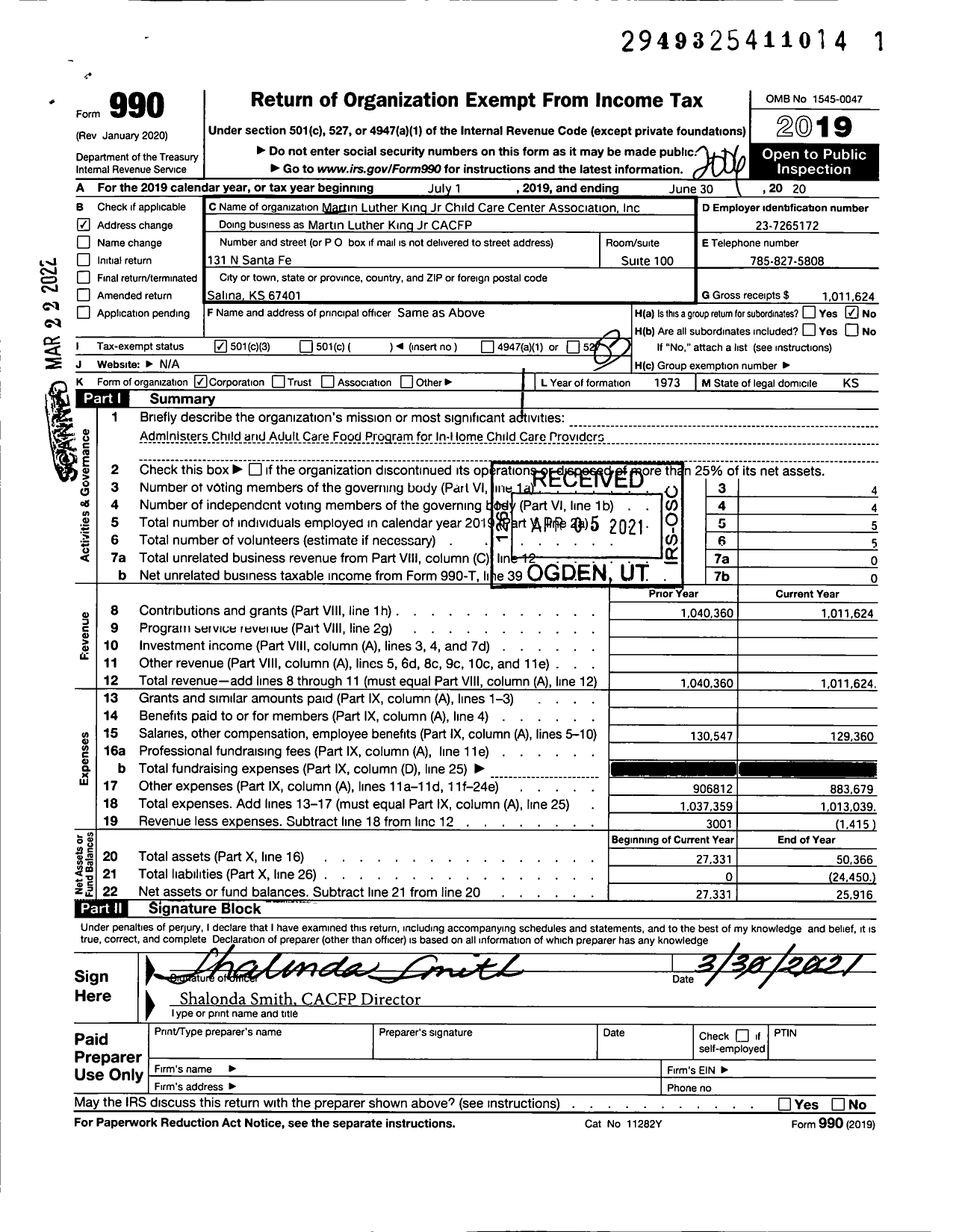 Image of first page of 2019 Form 990 for Martin Luther King Jr CACFP