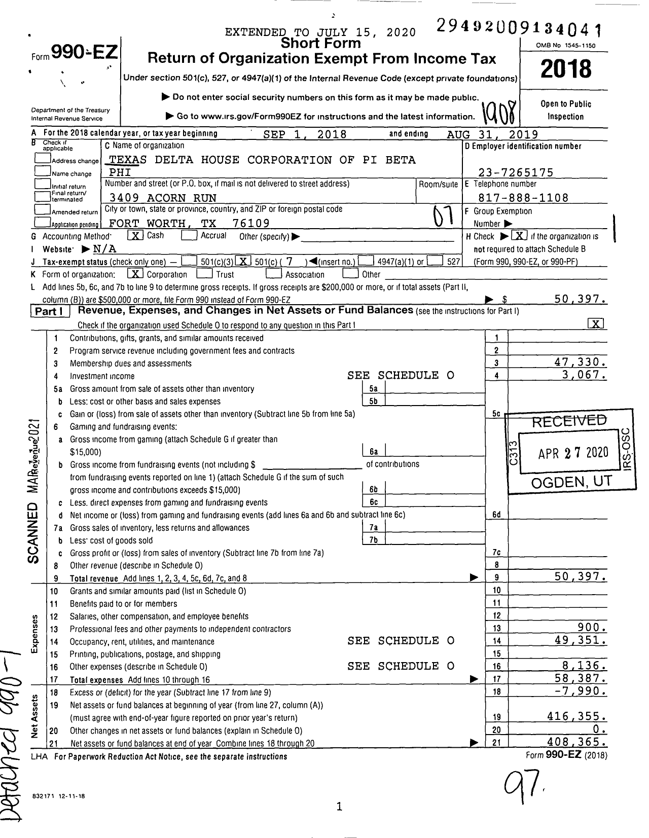 Image of first page of 2018 Form 990EO for Texas Delta House Corporation of Pi Beta Phi