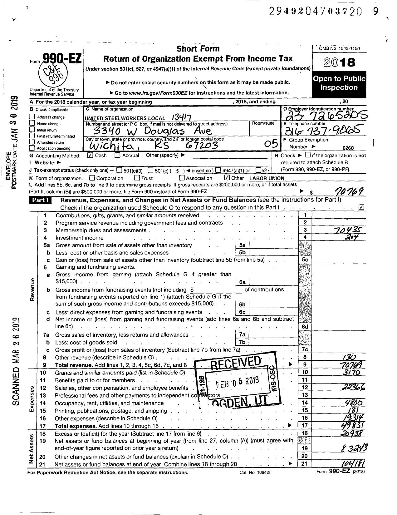 Image of first page of 2018 Form 990EO for United Steelworkers - 13417 Local