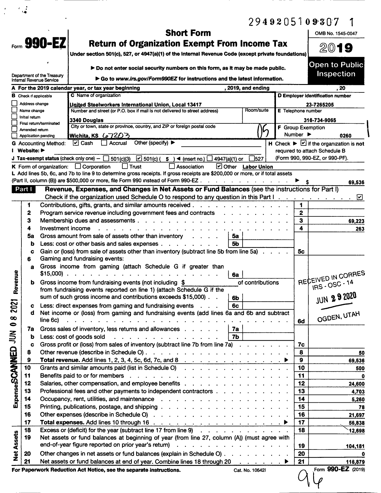 Image of first page of 2019 Form 990EO for United Steelworkers - 13417 Local