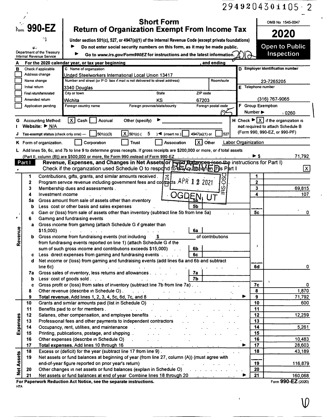 Image of first page of 2020 Form 990EO for United Steelworkers - 13417 Local