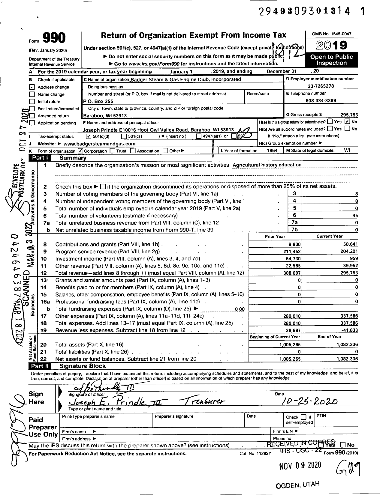 Image of first page of 2019 Form 990 for Badger Steam and Gas Engine Club