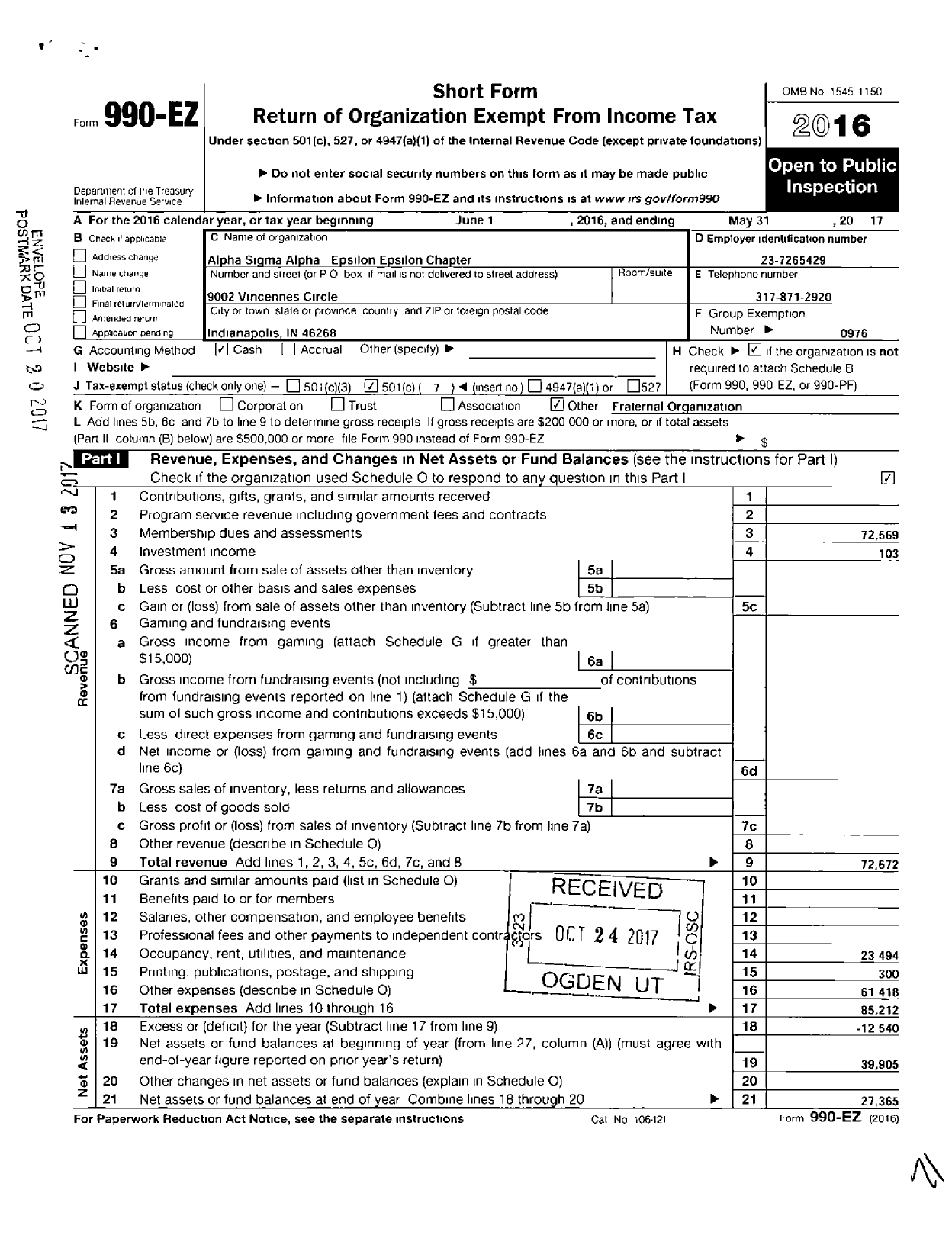 Image of first page of 2016 Form 990EO for ALPHA SIGMA ALPHA SORORITY Epsilon Epsilon Chapter