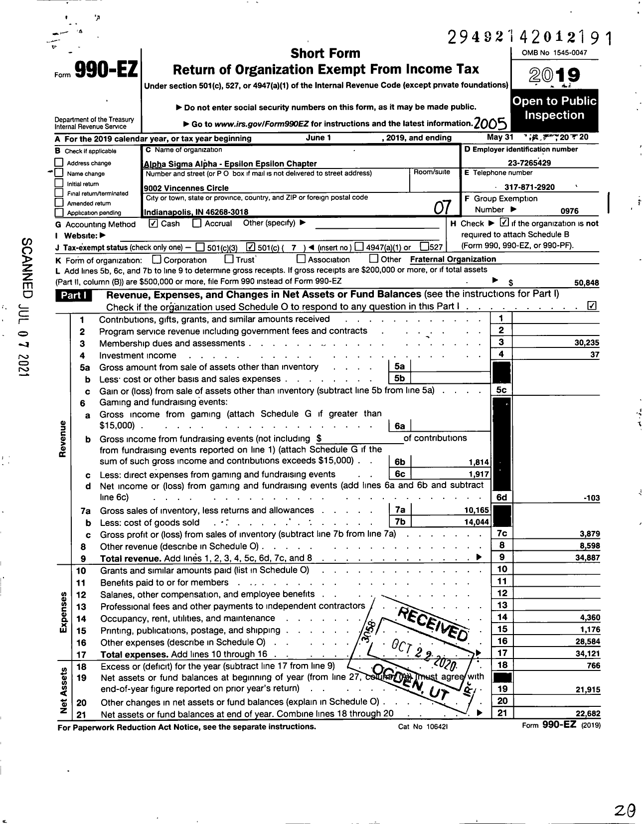 Image of first page of 2019 Form 990EO for ALPHA SIGMA ALPHA SORORITY Epsilon Epsilon Chapter