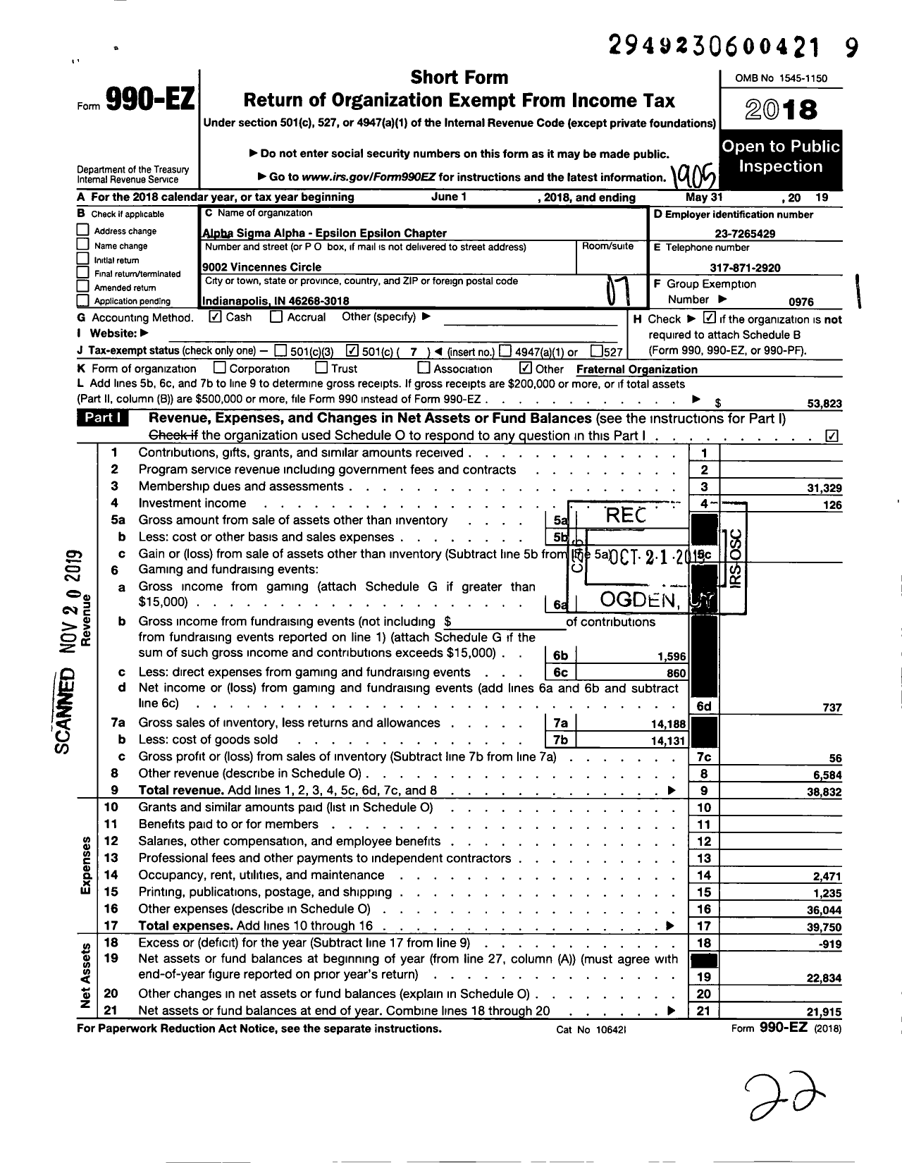 Image of first page of 2018 Form 990EO for ALPHA SIGMA ALPHA SORORITY Epsilon Epsilon Chapter