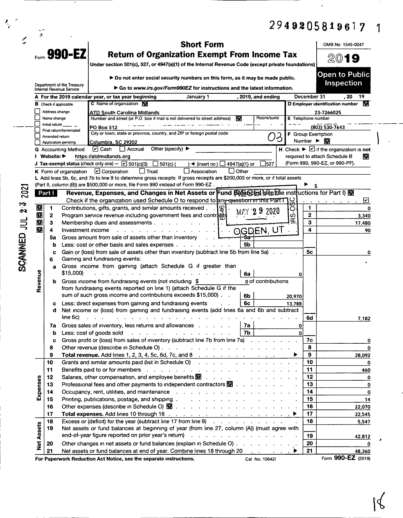 Image of first page of 2019 Form 990EZ for American Society for Training and Development / South Carolina