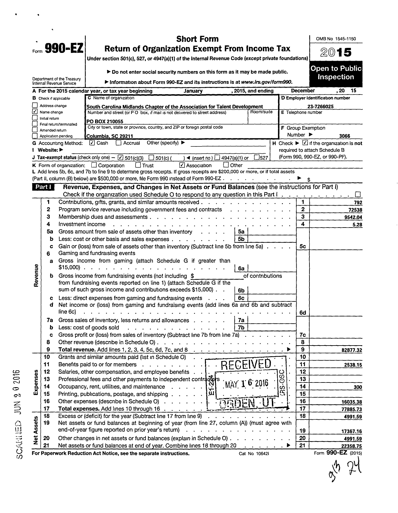 Image of first page of 2015 Form 990EZ for American Society for Training and Development / South Carolina