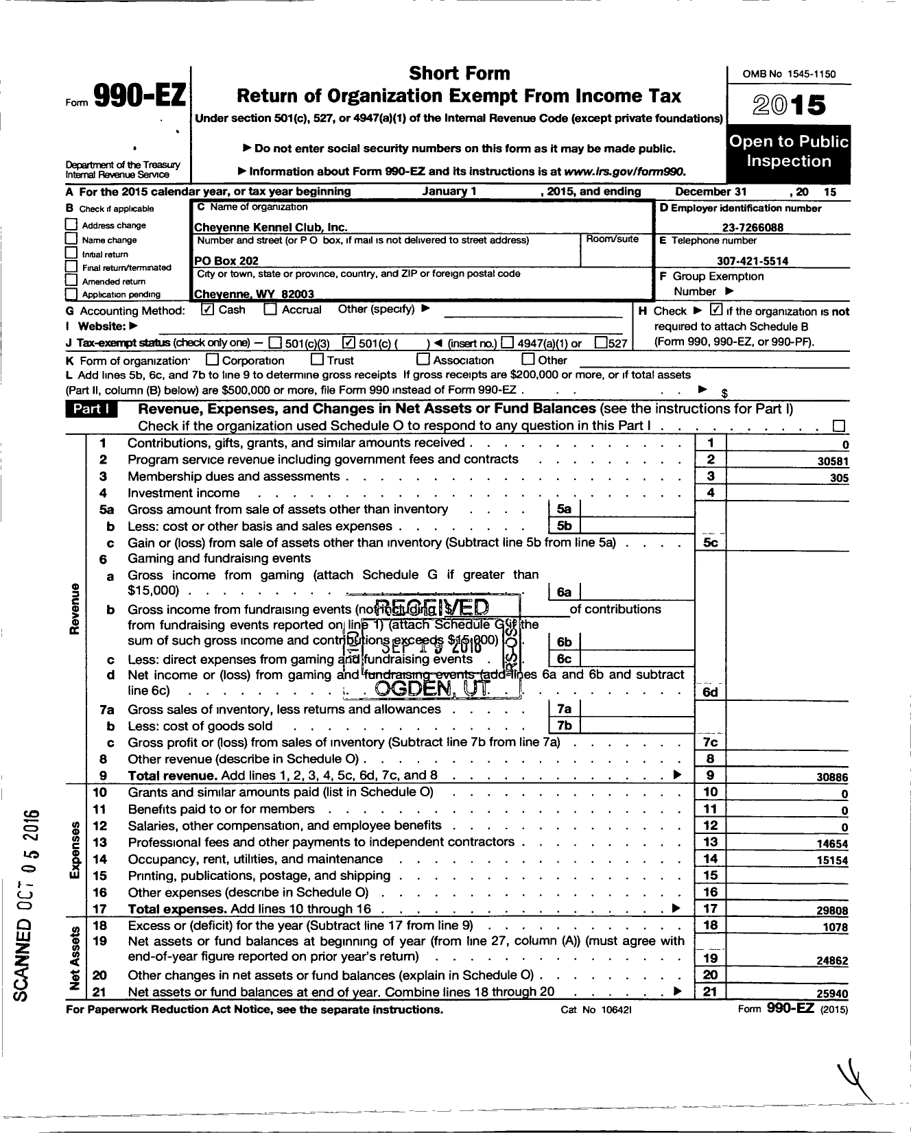 Image of first page of 2015 Form 990EO for Cheyenne Kennel Club