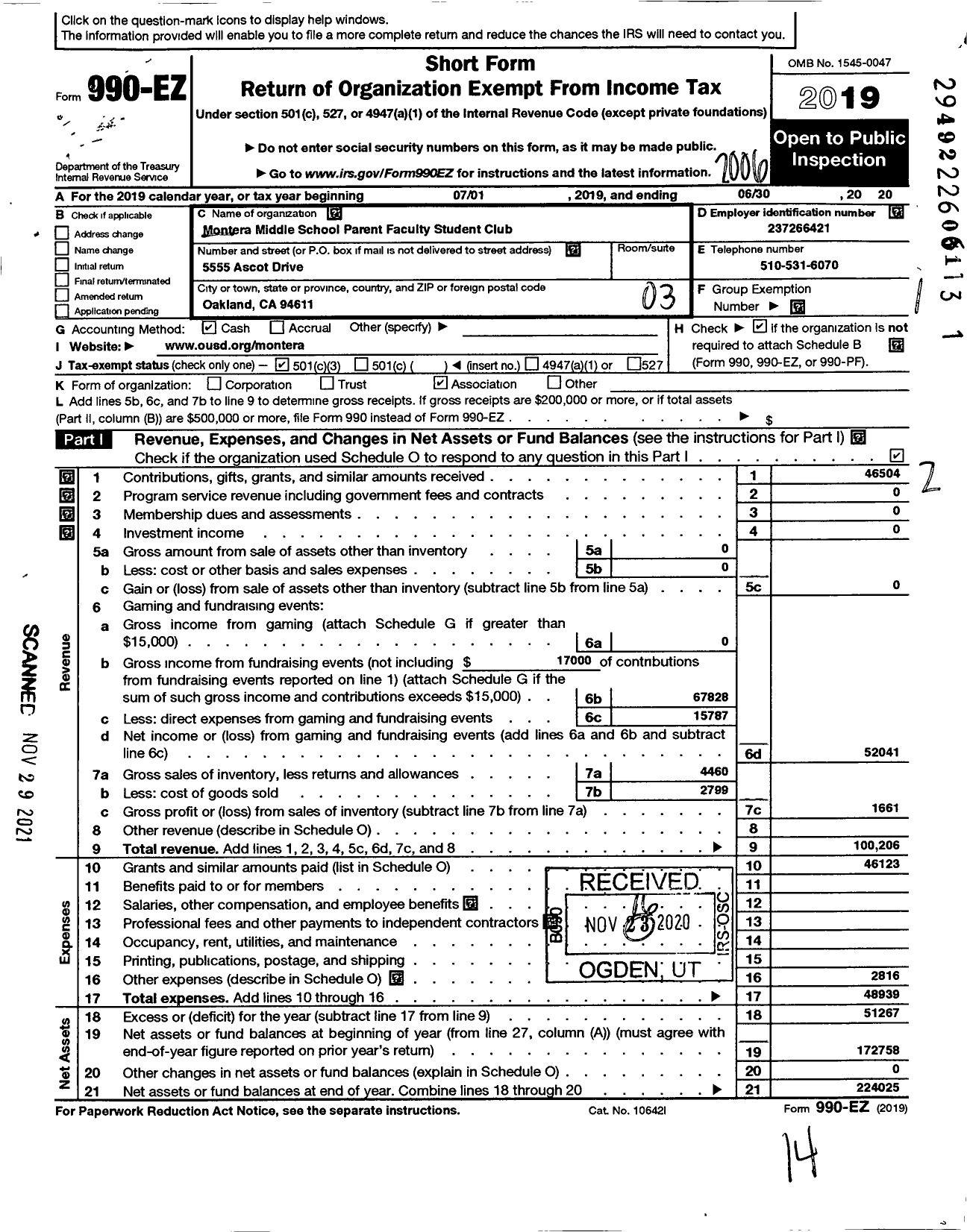 Image of first page of 2019 Form 990EZ for Montera Junior High Parent Faculty Student Club