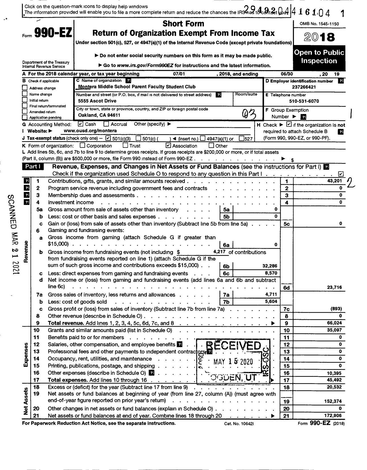 Image of first page of 2018 Form 990EZ for Montera Junior High Parent Faculty Student Club