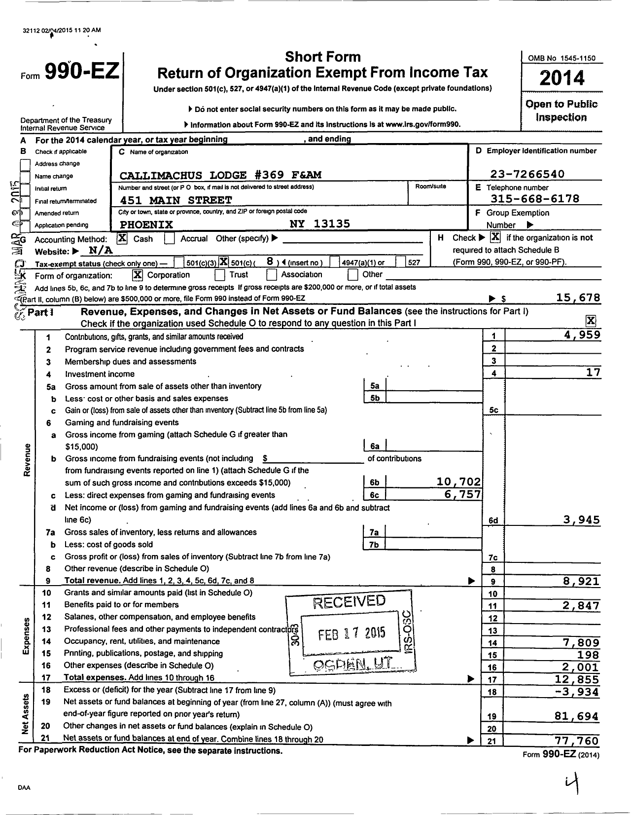 Image of first page of 2014 Form 990EO for Free and Accepted Masons of New York - 369 Callimachus Lodge