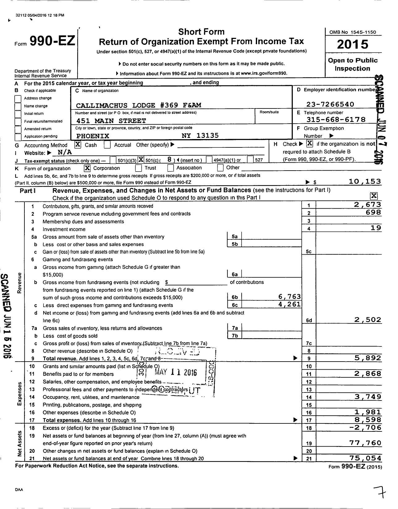 Image of first page of 2015 Form 990EO for Free and Accepted Masons of New York - 369 Callimachus Lodge