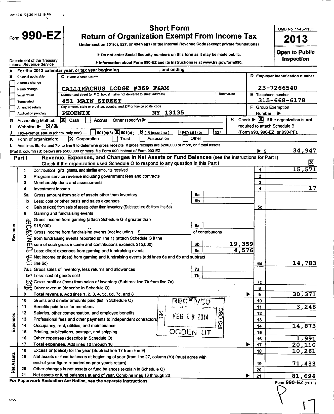 Image of first page of 2013 Form 990EO for Free and Accepted Masons of New York - 369 Callimachus Lodge