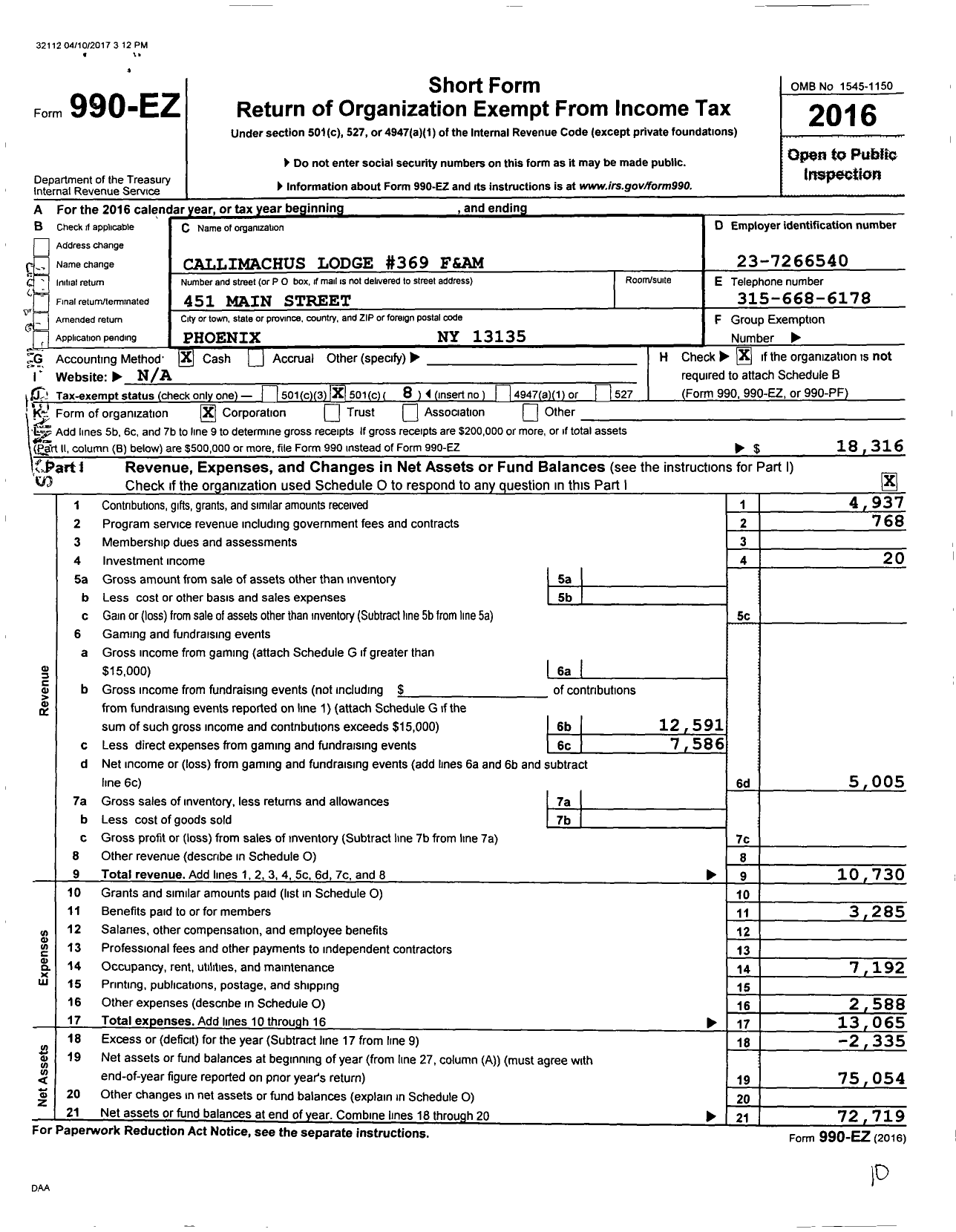 Image of first page of 2016 Form 990EO for Free and Accepted Masons of New York - 369 Callimachus Lodge