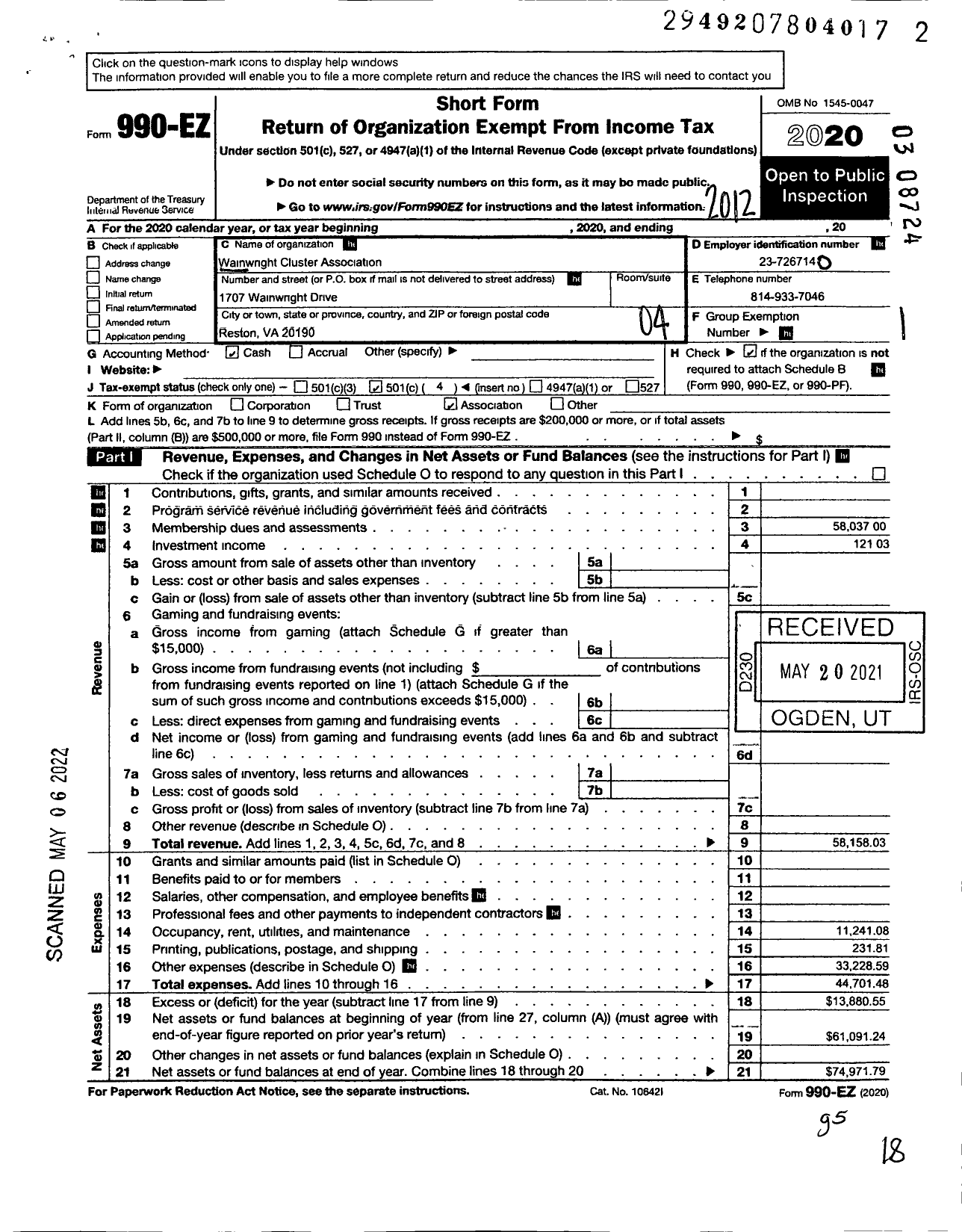 Image of first page of 2020 Form 990EO for Wainwright Cluster Association