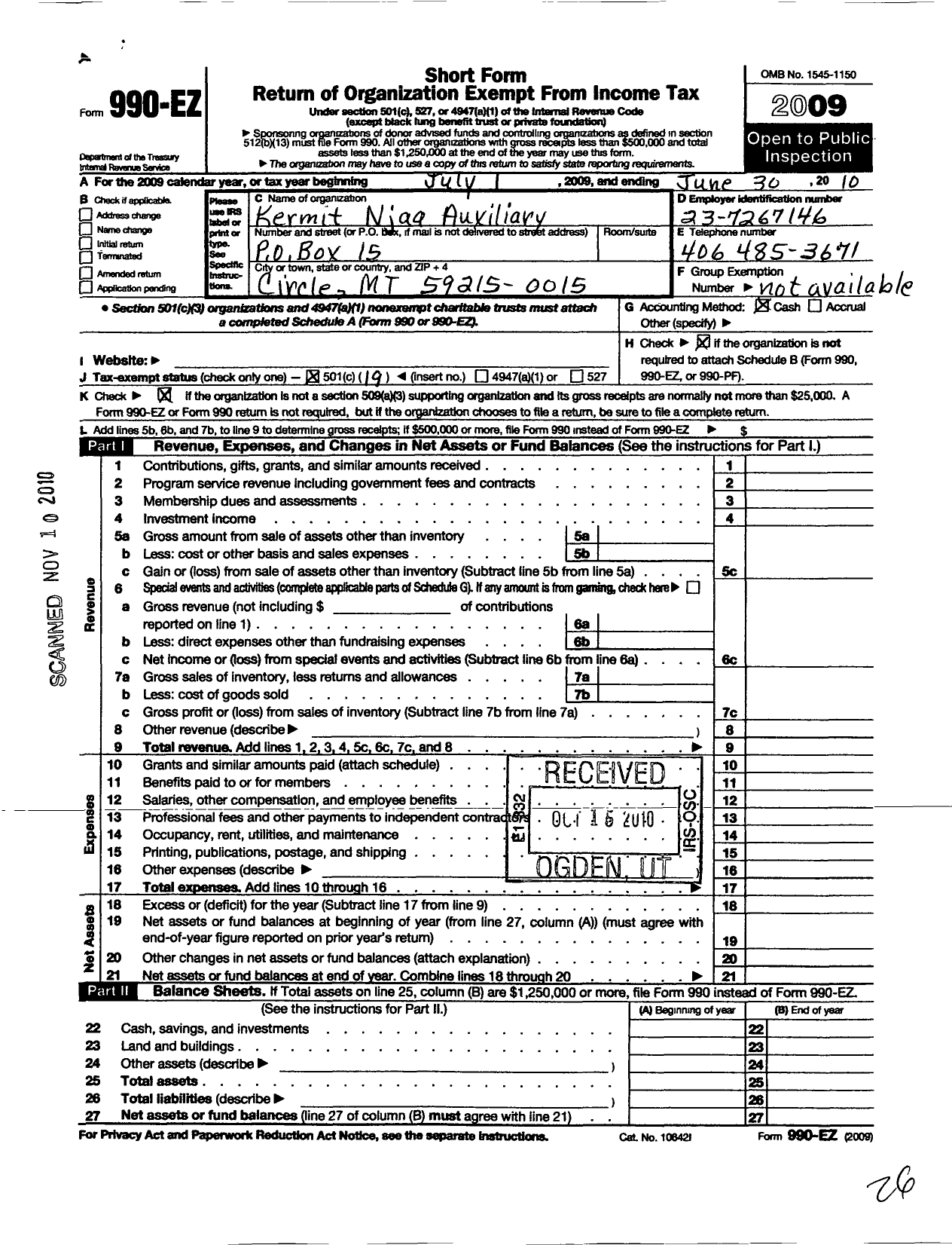 Image of first page of 2009 Form 990EO for Department of Montana Ladies Auxiliary To the VFW of the U S - 4814 Kermitnjaa Auxiliary