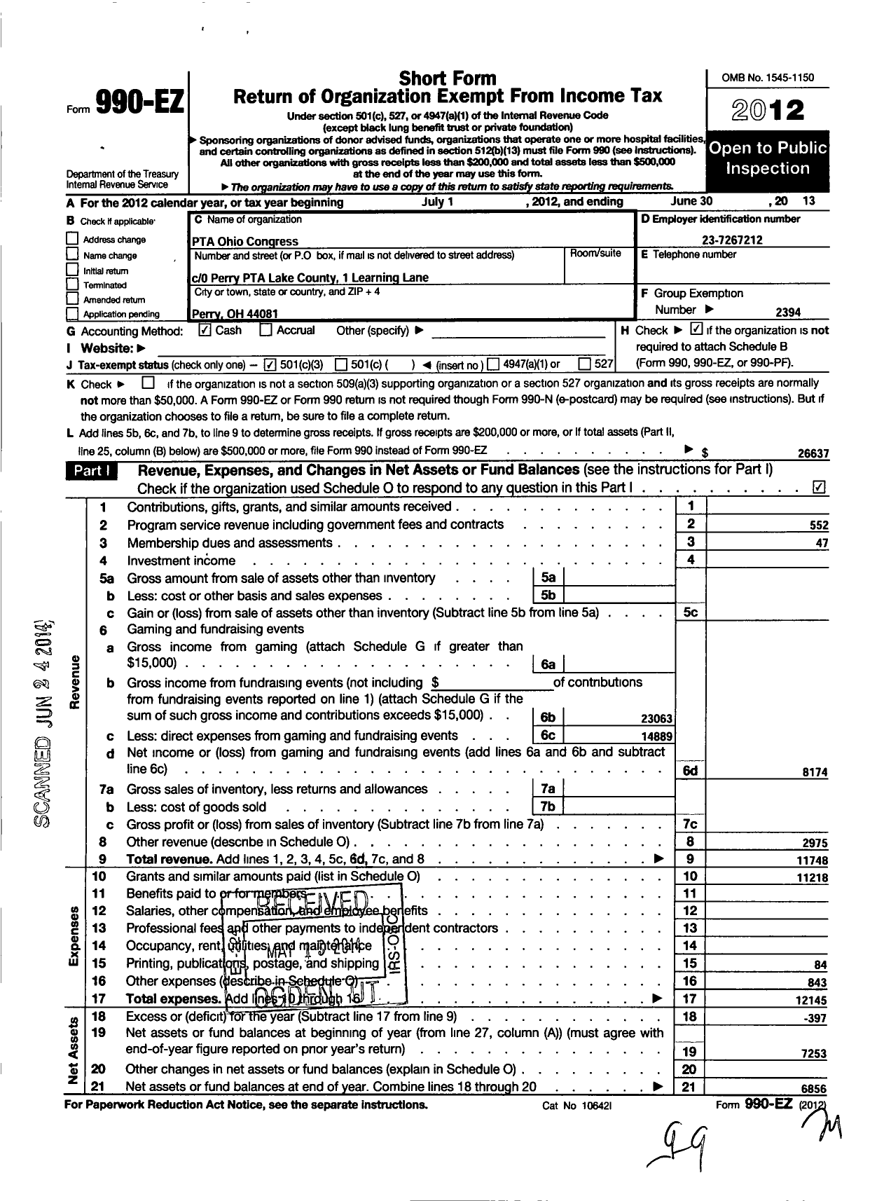 Image of first page of 2012 Form 990EZ for PTA Ohio Congress / Perry El JR PTA