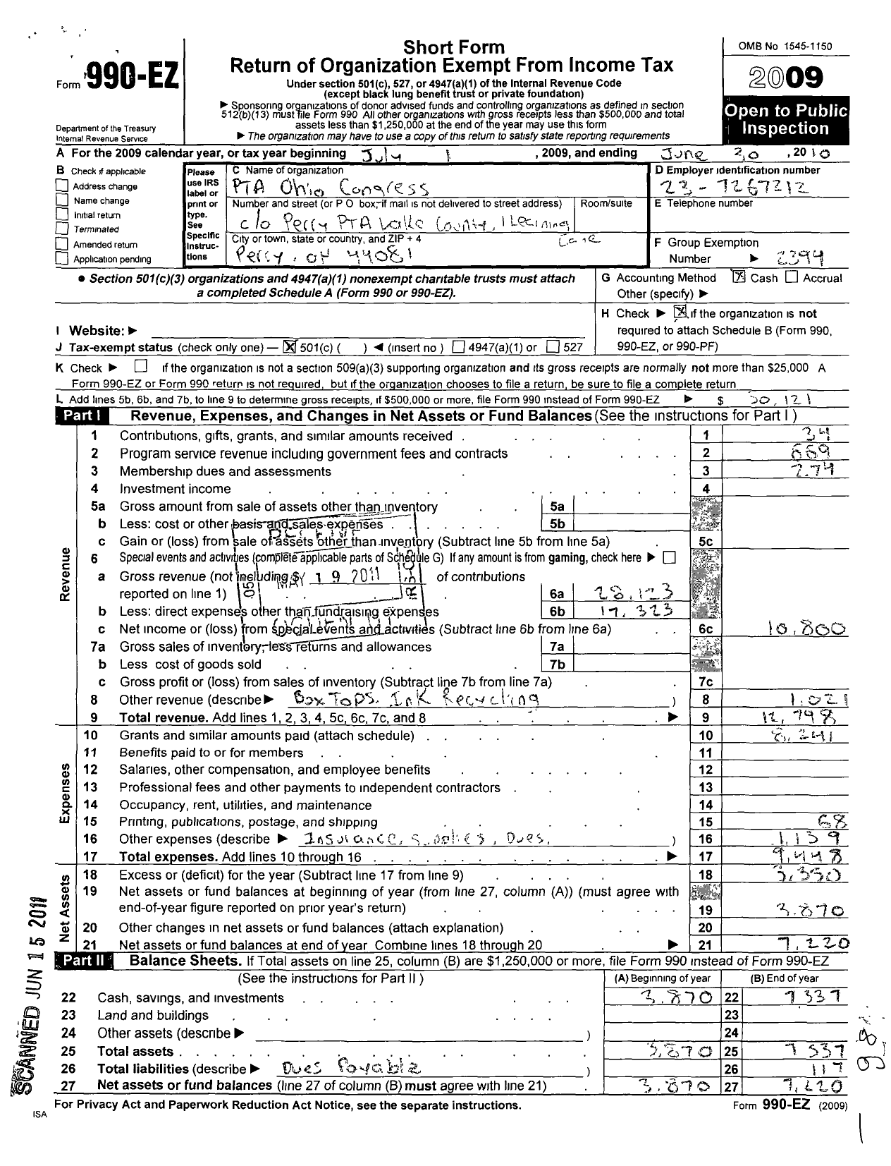 Image of first page of 2009 Form 990EO for PTA Ohio Congress / Perry El JR PTA