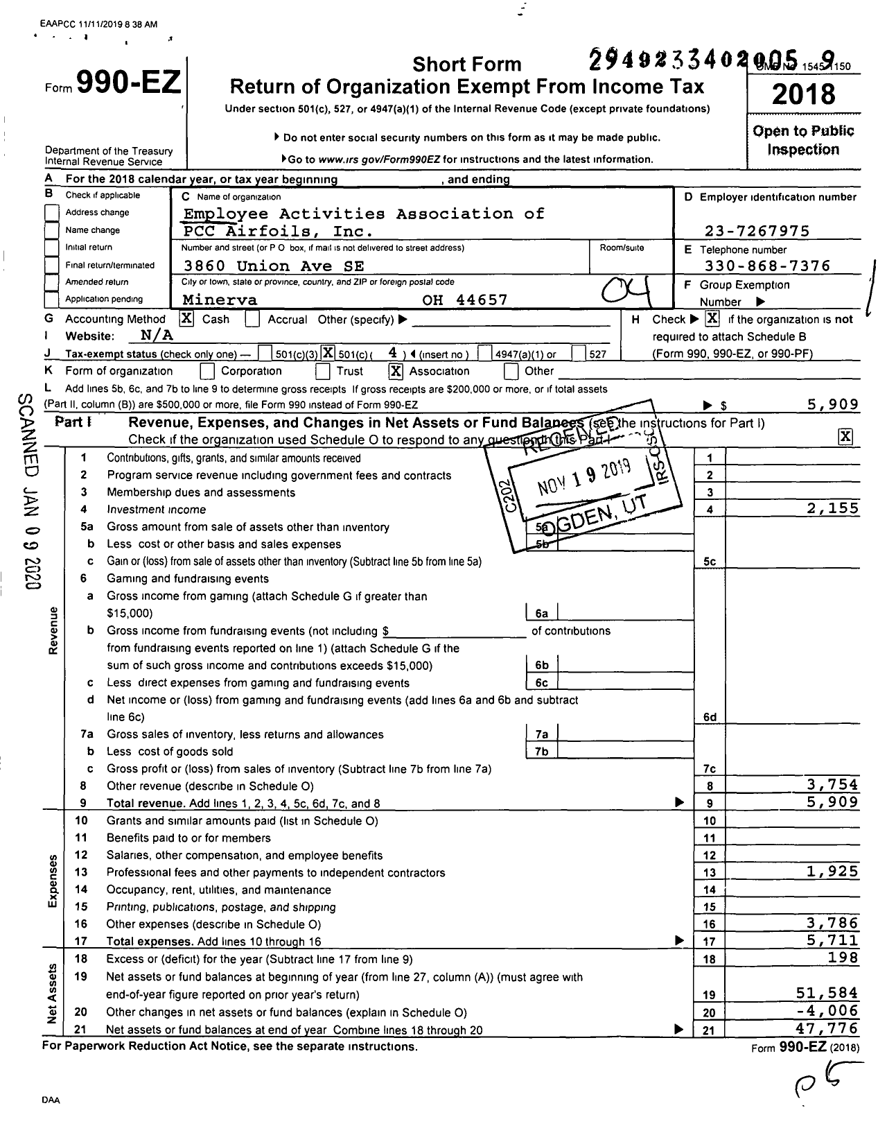 Image of first page of 2018 Form 990EO for Employee Activities Association of PCC Airfoils